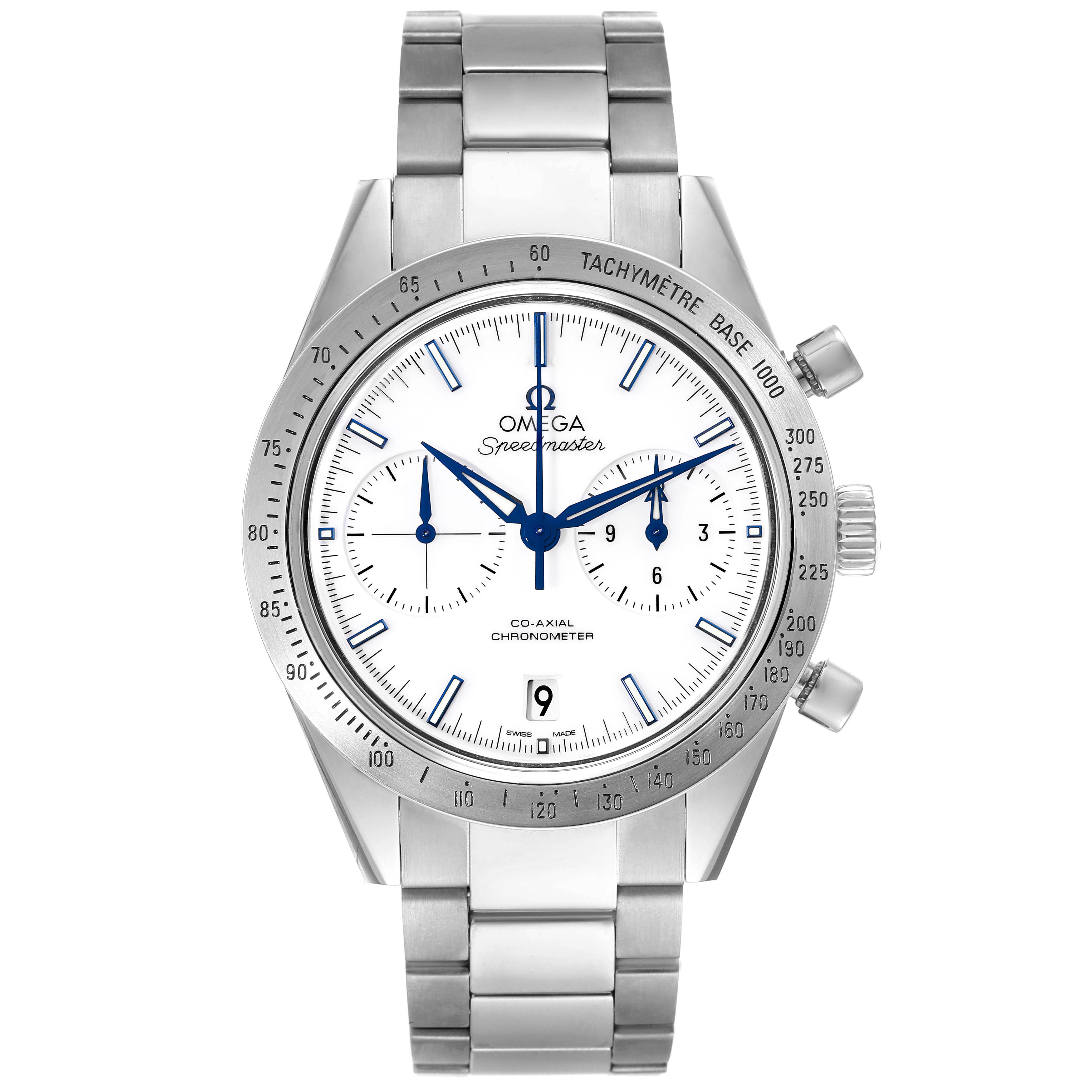 This image shows a front view of the Omega Speedmaster 331.90.42.51.04.001 Men's Titanium White Dial 331.90.42.51.04.001 Men's Titanium White Dial watch, featuring a silver bracelet and chronograph dials.