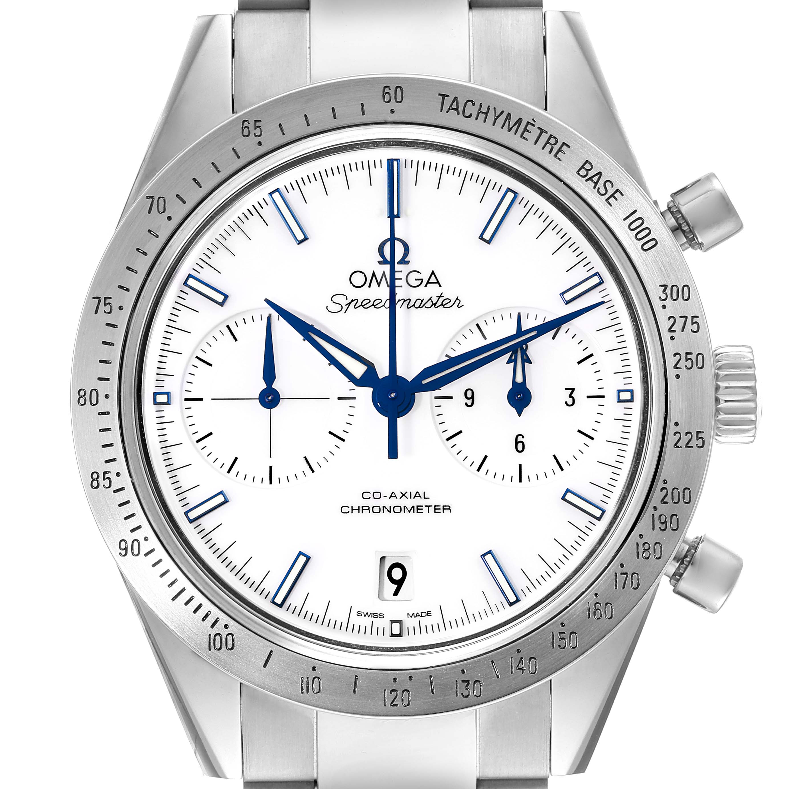 The image shows a front view of the Omega Speedmaster 331.90.42.51.04.001 Men's Titanium White Dial 331.90.42.51.04.001 Men's Titanium White Dial watch, highlighting its dial, tachymeter bezel, subdials, and date window.