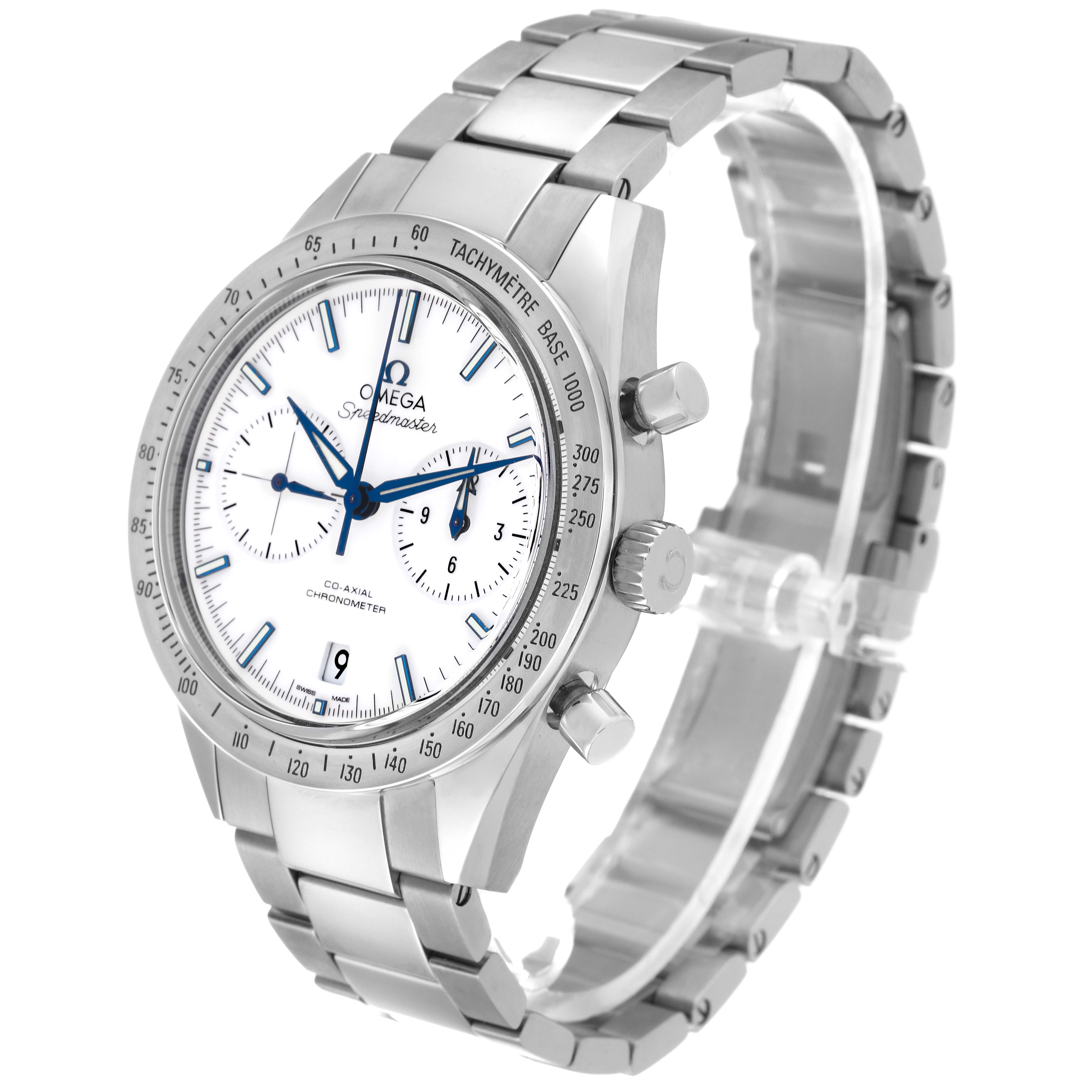 The image shows an angled side view of an Omega Speedmaster 331.90.42.51.04.001 Men's Titanium White Dial 331.90.42.51.04.001 Men's Titanium White Dial watch, displaying the dial, bezel, crown, and part of the bracelet.