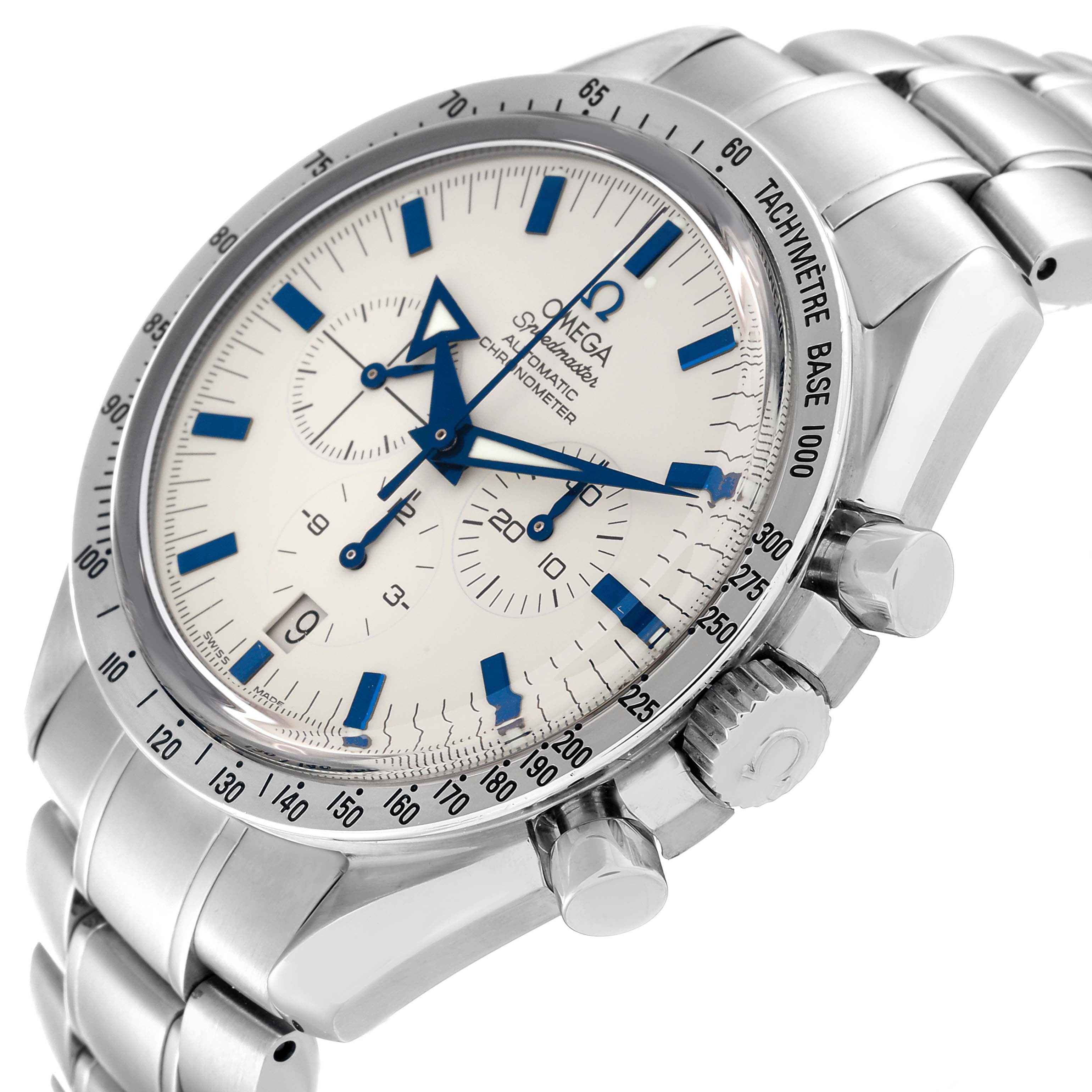 This Omega Speedmaster 3551.20.00 Men's Stainless Steel White Dial 3551.20.00 Men's Stainless Steel White Dial watch is shown at an angle highlighting the dial, bezel, crown, pushers, and part of the bracelet.