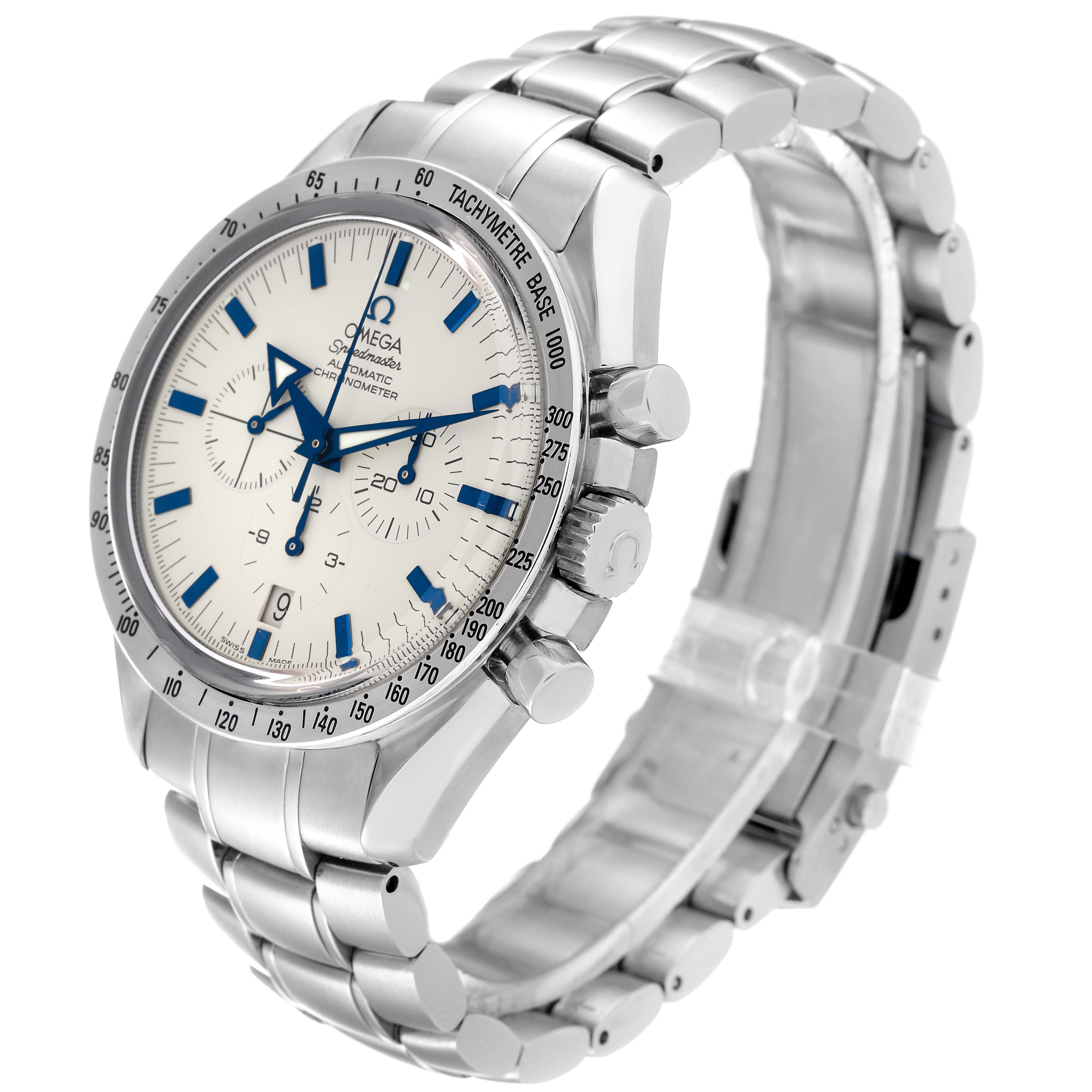 The Omega Speedmaster 3551.20.00 Men's Stainless Steel White Dial 3551.20.00 Men's Stainless Steel White Dial watch is shown from a side angle, highlighting the dial, bezel, crown, and metal bracelet.
