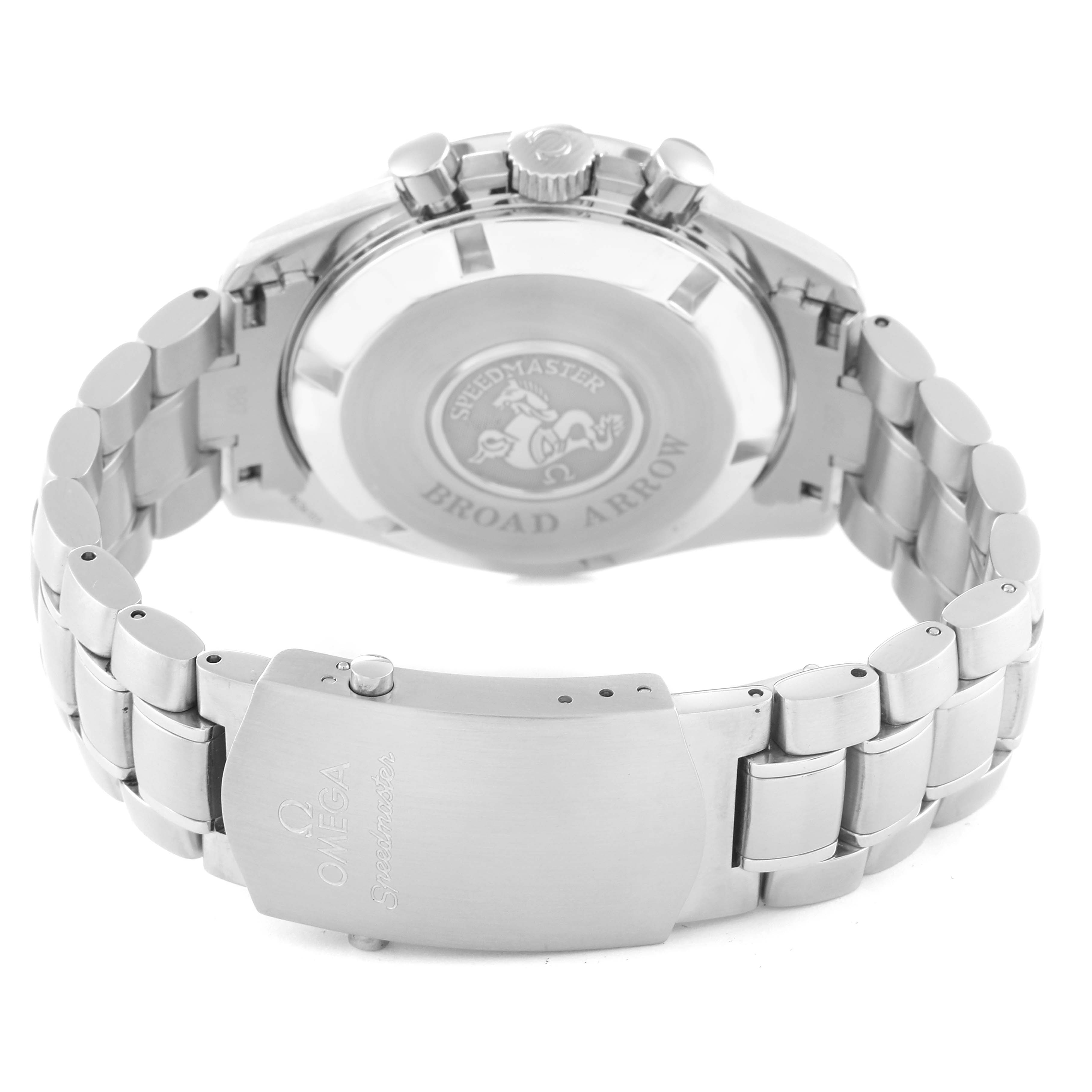 The image shows the back of an Omega Speedmaster 3551.20.00 Men's Stainless Steel White Dial 3551.20.00 Men's Stainless Steel White Dial watch, focusing on the case back and the clasp of the metal bracelet.