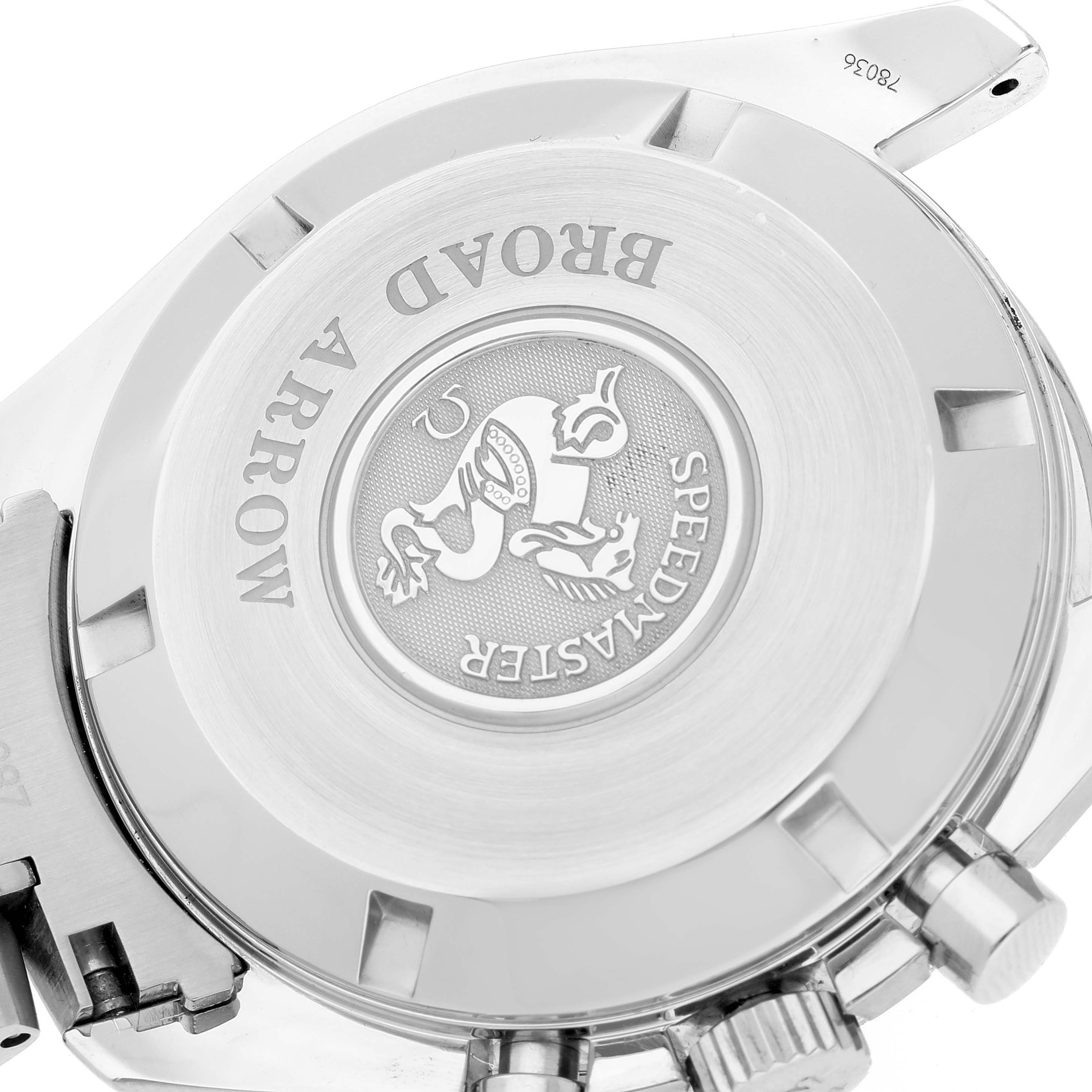 The image shows the back case and part of the crown of the Omega Speedmaster 3551.20.00 Men's Stainless Steel White Dial 3551.20.00 Men's Stainless Steel White Dial Broad Arrow watch.