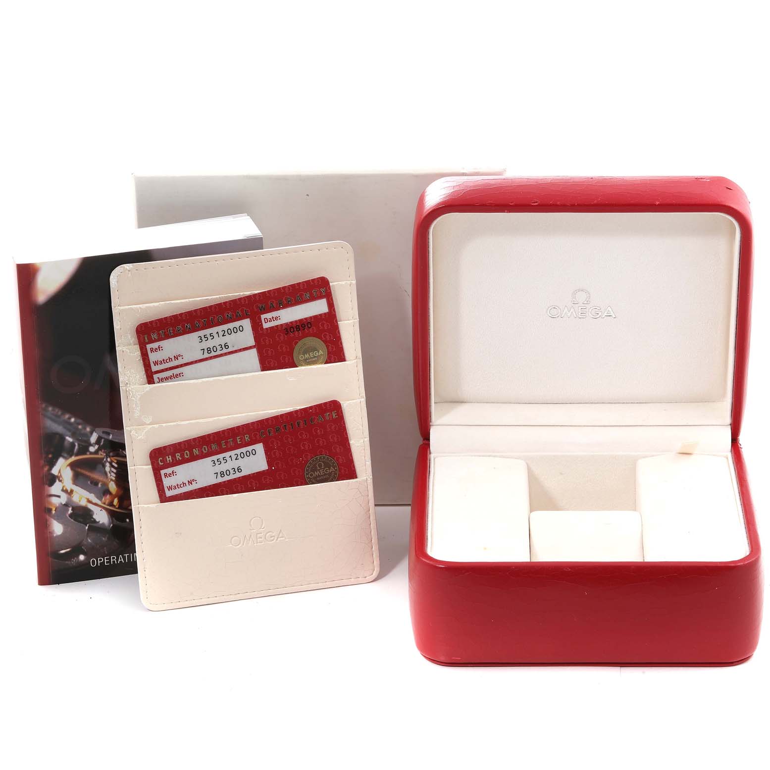 The image shows the Omega Speedmaster 3551.20.00 Men's Stainless Steel White Dial 3551.20.00 Men's Stainless Steel White Dial watch box, warranty cards, and manual from a frontal angle.