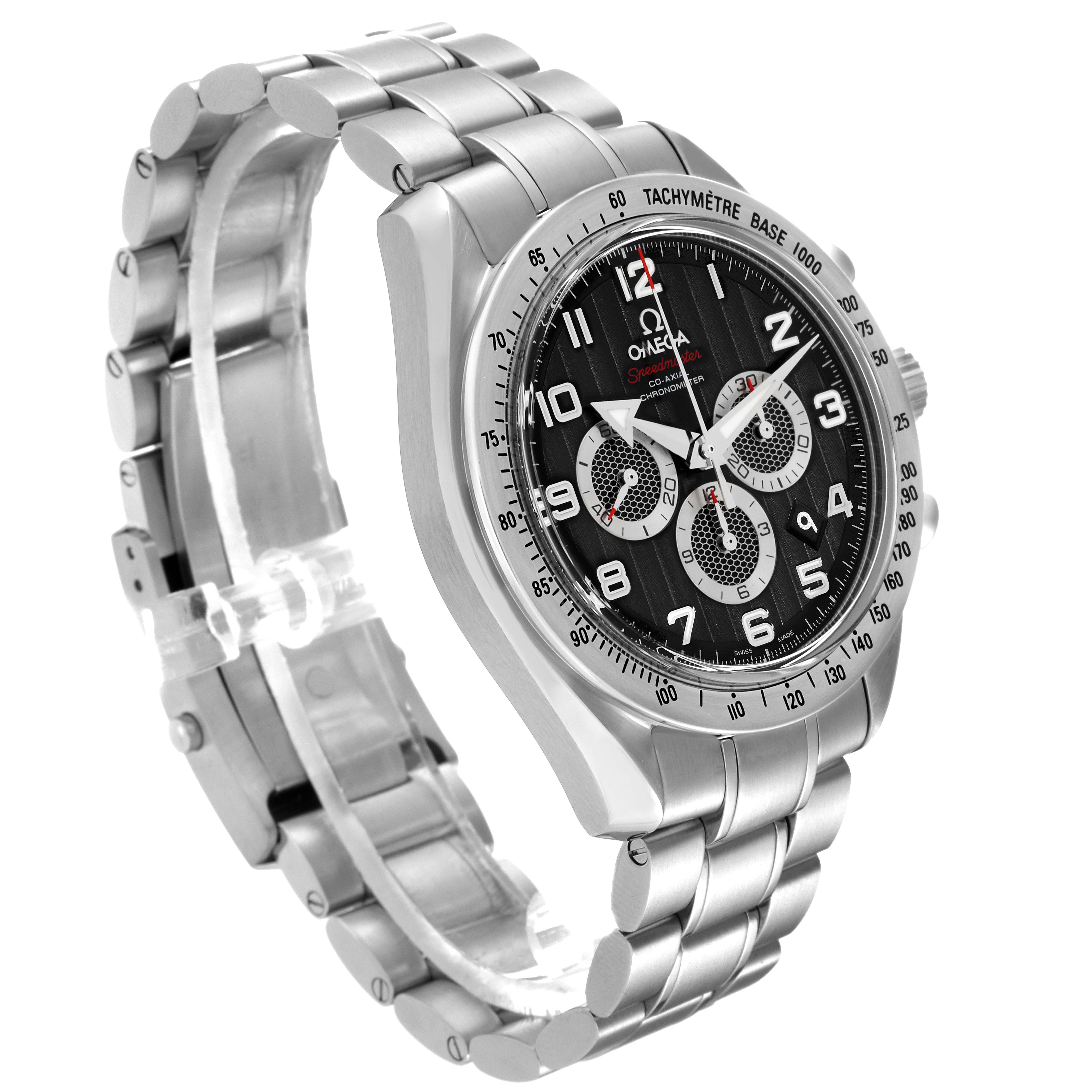 The Omega Speedmaster 321.10.44.50.01.001 Men
s Stainless Steel Black Dial 321.10.44.50.01.001 Men
s Stainless Steel Black Dial watch is shown at a three-quarter angle, displaying its dial, bezel, crown, and metal bracelet.