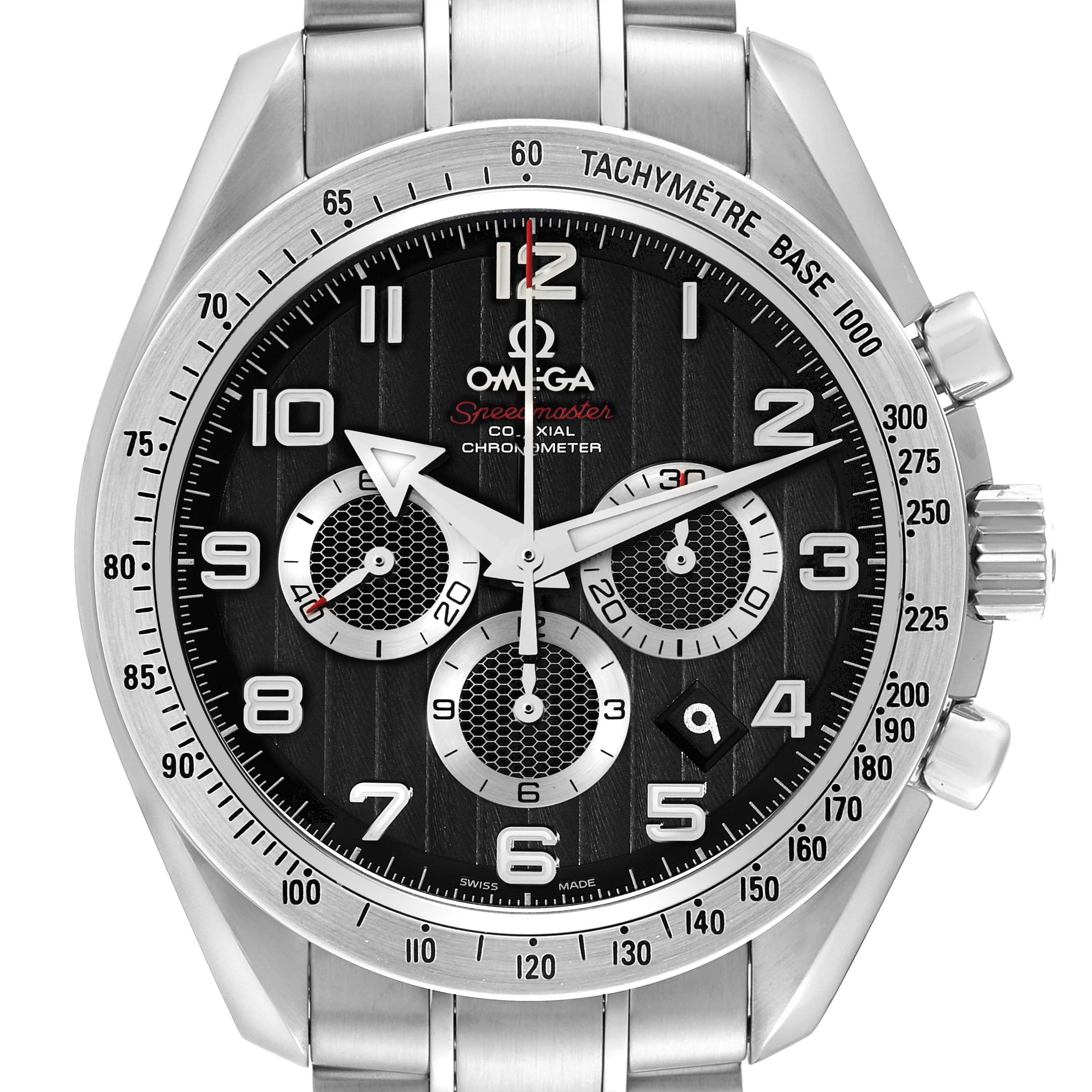 This Omega Speedmaster 321.10.44.50.01.001 Men
s Stainless Steel Black Dial 321.10.44.50.01.001 Men
s Stainless Steel Black Dial watch is shown from the front, displaying the dial, tachymeter bezel, and chronograph subdials.
