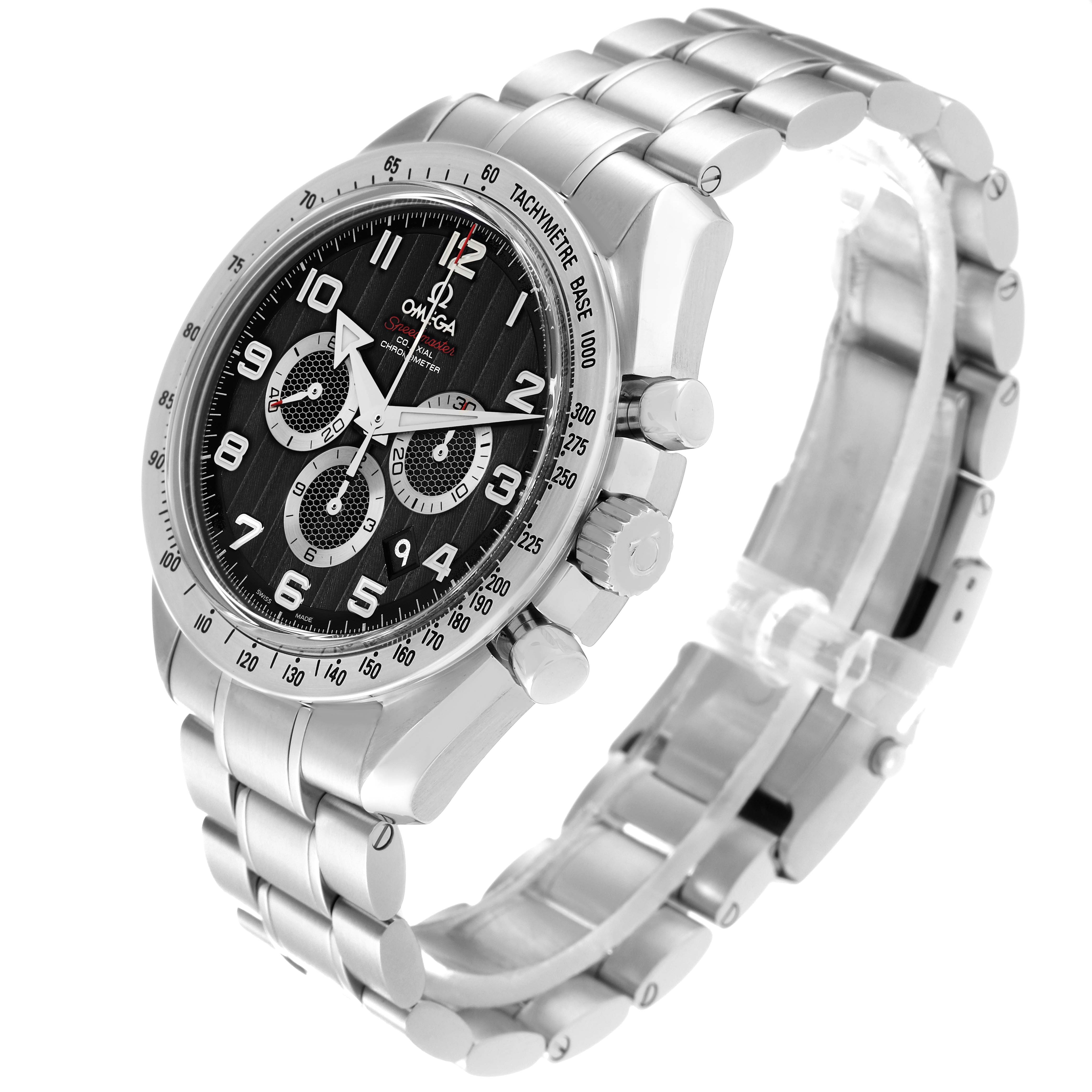 The Omega Speedmaster 321.10.44.50.01.001 Men
s Stainless Steel Black Dial 321.10.44.50.01.001 Men
s Stainless Steel Black Dial watch is shown at a slight angle displaying the face, bezel, and metal bracelet.