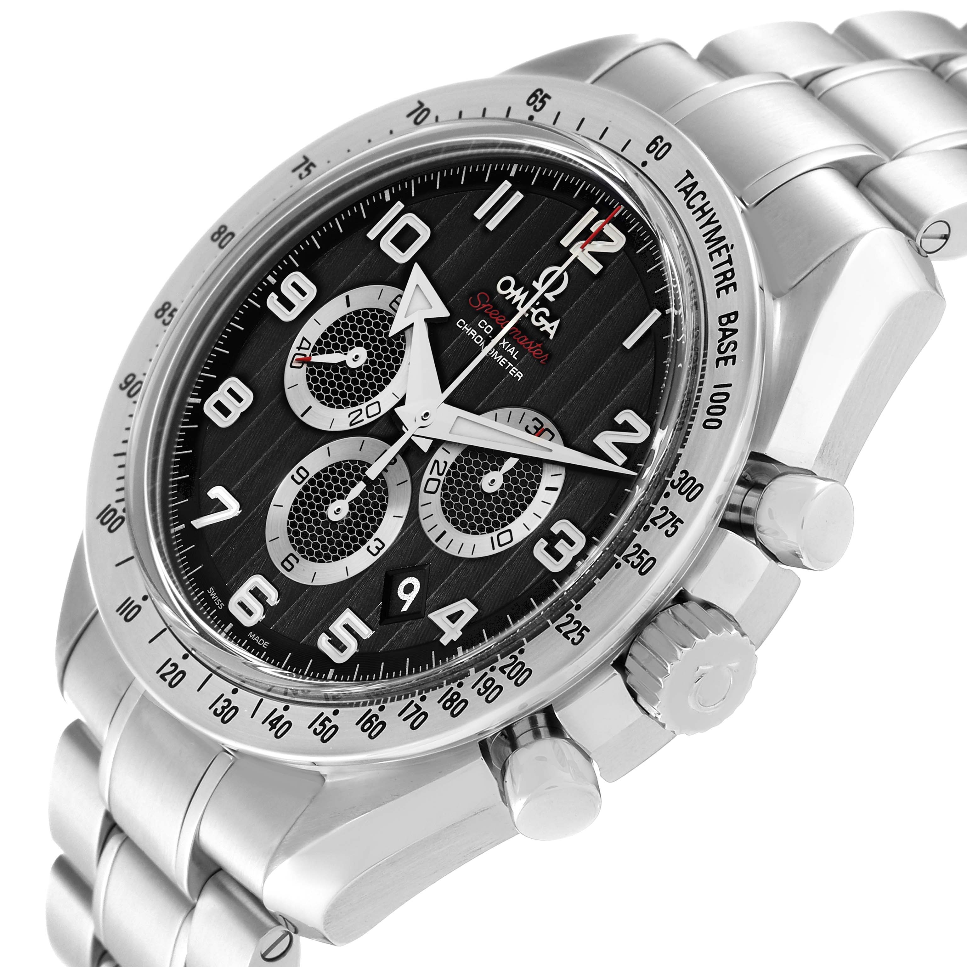 The image shows an Omega Speedmaster 321.10.44.50.01.001 Men
s Stainless Steel Black Dial 321.10.44.50.01.001 Men
s Stainless Steel Black Dial watch from an oblique angle, highlighting the dial, bezel, and part of the bracelet.