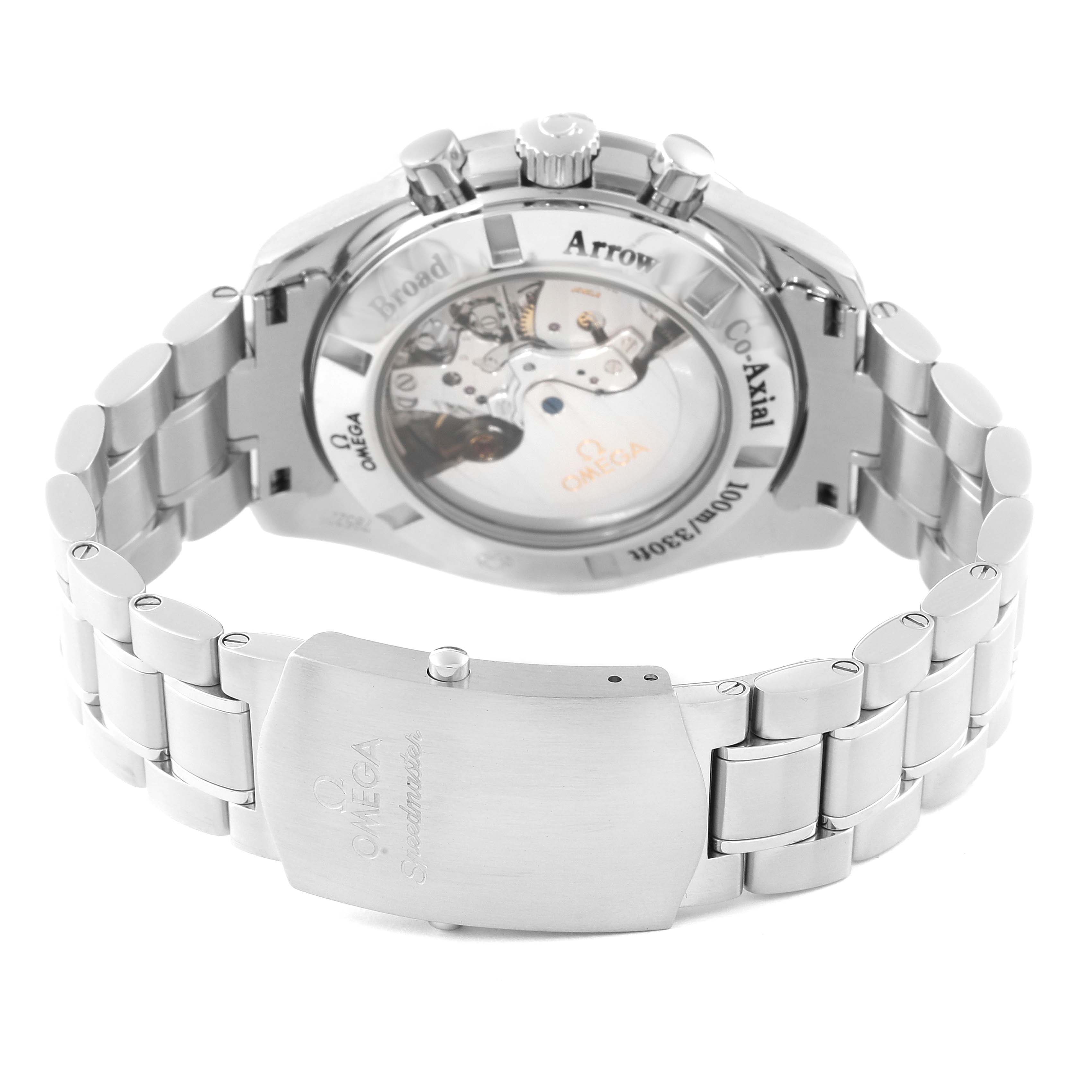 This image shows the back view of the Omega Speedmaster 321.10.44.50.01.001 Men
s Stainless Steel Black Dial 321.10.44.50.01.001 Men
s Stainless Steel Black Dial watch, highlighting the bracelet, clasp, and transparent case back.