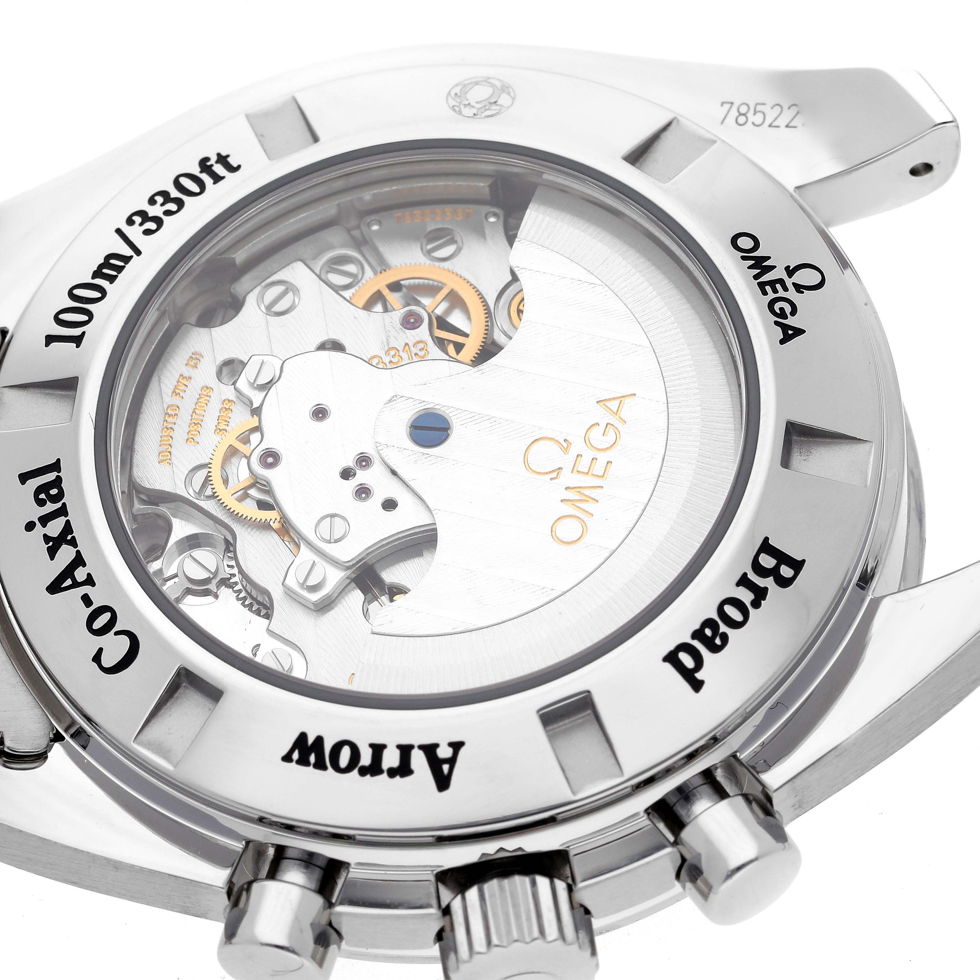 The image shows the back of an Omega Speedmaster 321.10.44.50.01.001 Men
s Stainless Steel Black Dial 321.10.44.50.01.001 Men
s Stainless Steel Black Dial watch, revealing its inner mechanical parts and co-axial movement.