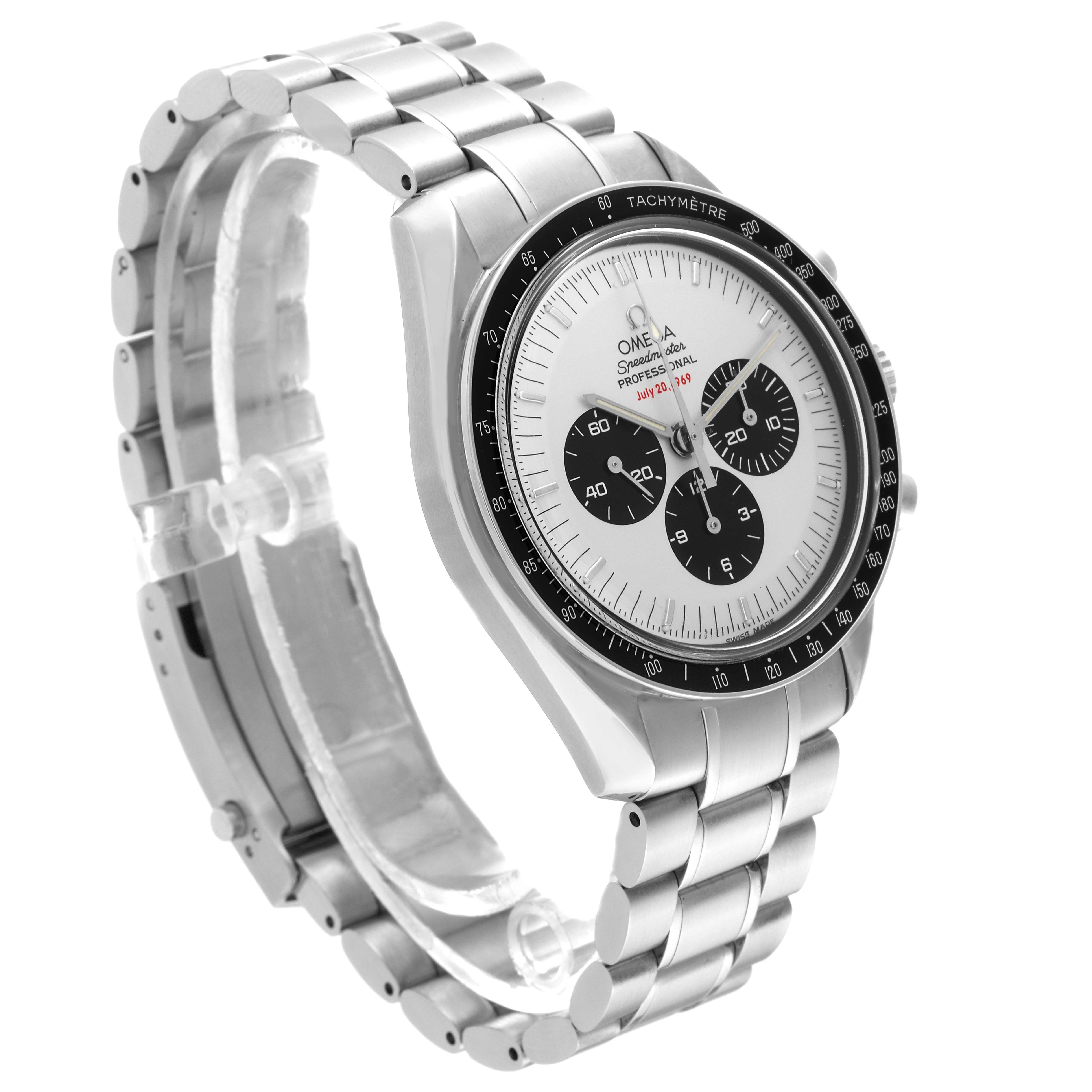 This image shows a side view of an Omega Speedmaster 3569.31.00 Men
s Stainless Steel Silver Dial 3569.31.00 Men
s Stainless Steel Silver Dial watch with a metal band and a detailed tachymeter bezel.