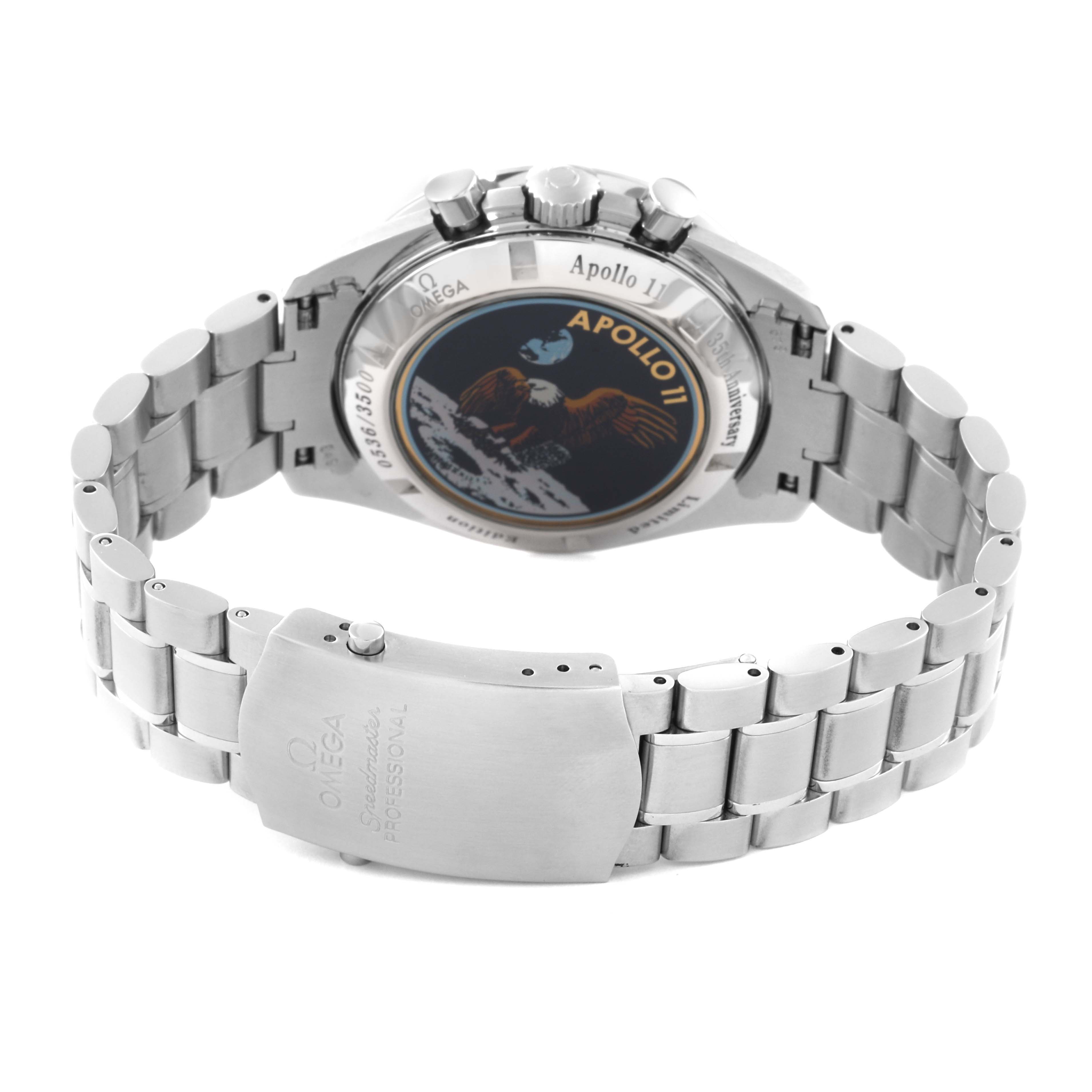 The image shows the back view of an Omega Speedmaster 3569.31.00 Men
s Stainless Steel Silver Dial 3569.31.00 Men
s Stainless Steel Silver Dial watch, highlighting its Apollo 11 commemorative caseback and metal bracelet clasp.