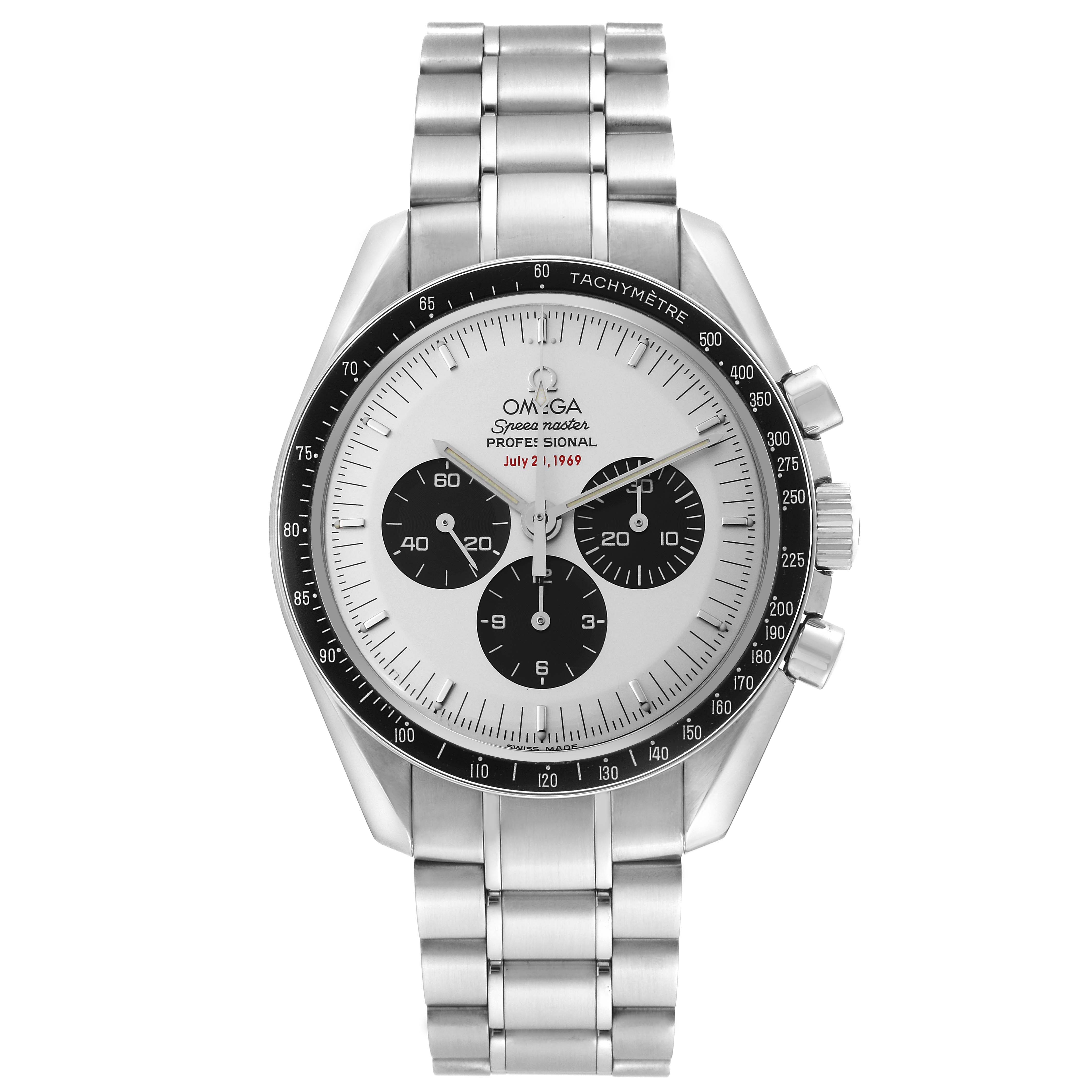 This Omega Speedmaster 3569.31.00 Men
s Stainless Steel Silver Dial 3569.31.00 Men
s Stainless Steel Silver Dial watch is shown from a front angle, displaying its dial, bezel, chronograph subdials, and stainless steel bracelet.