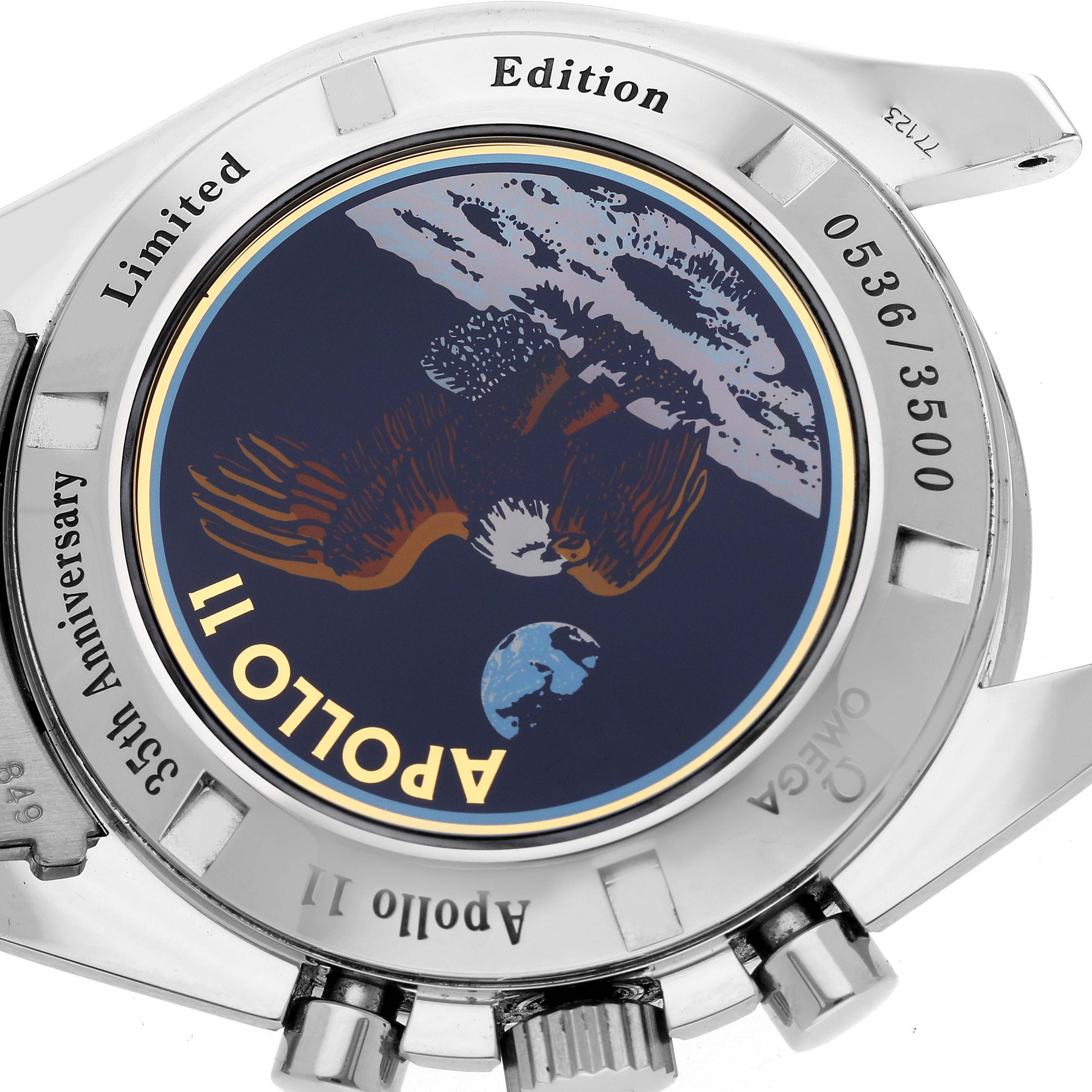The image shows the case back of the Omega Speedmaster 3569.31.00 Men
s Stainless Steel Silver Dial 3569.31.00 Men
s Stainless Steel Silver Dial, featuring an Apollo 11 motif and limited edition engraving.