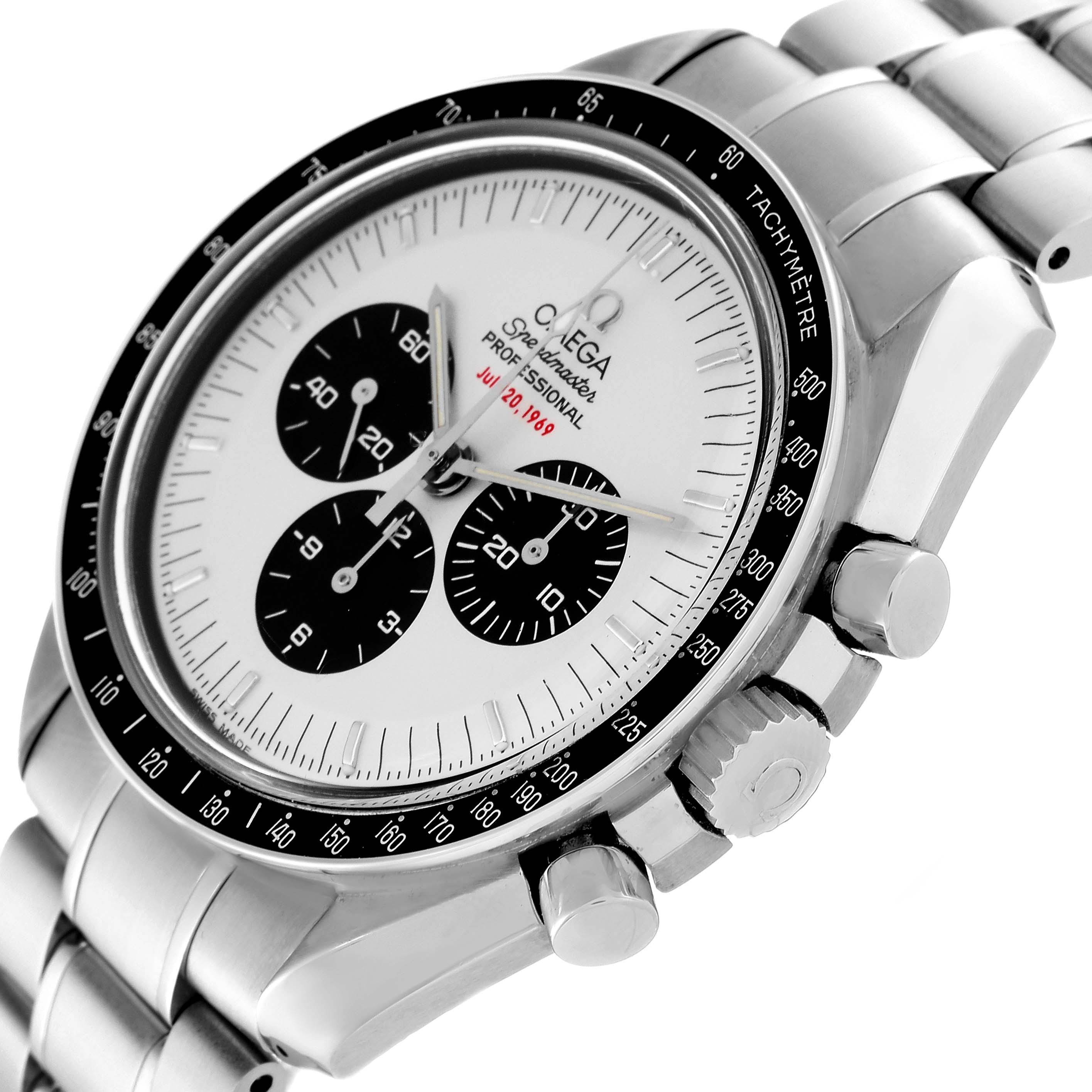 The image shows a side angle of the Omega Speedmaster 3569.31.00 Men
s Stainless Steel Silver Dial 3569.31.00 Men
s Stainless Steel Silver Dial watch, featuring its bezel, crown, pushers, and bracelet.