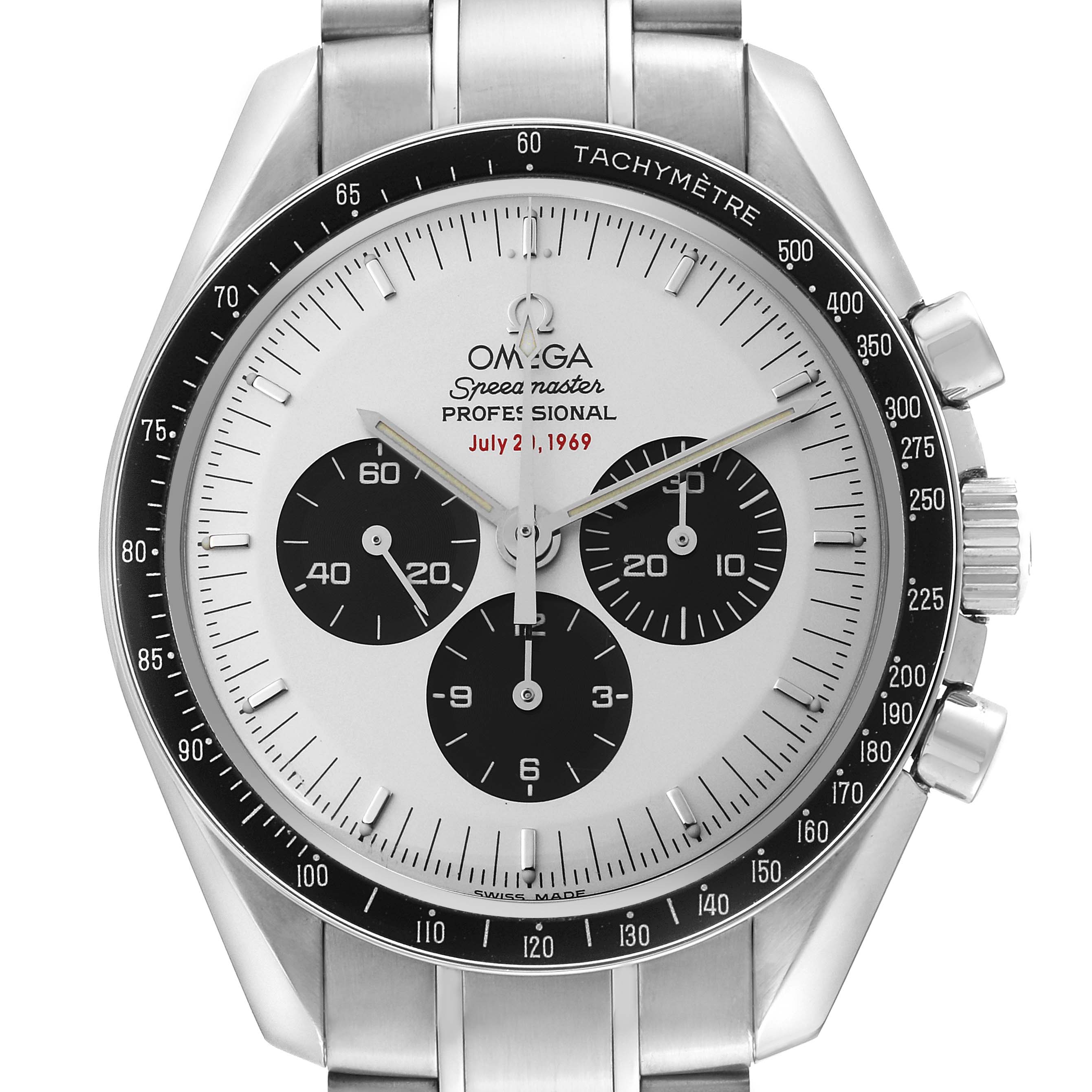 This image shows a close-up of the dial and bezel of an Omega Speedmaster 3569.31.00 Men
s Stainless Steel Silver Dial 3569.31.00 Men
s Stainless Steel Silver Dial watch, highlighting the subdials and tachymeter scale.