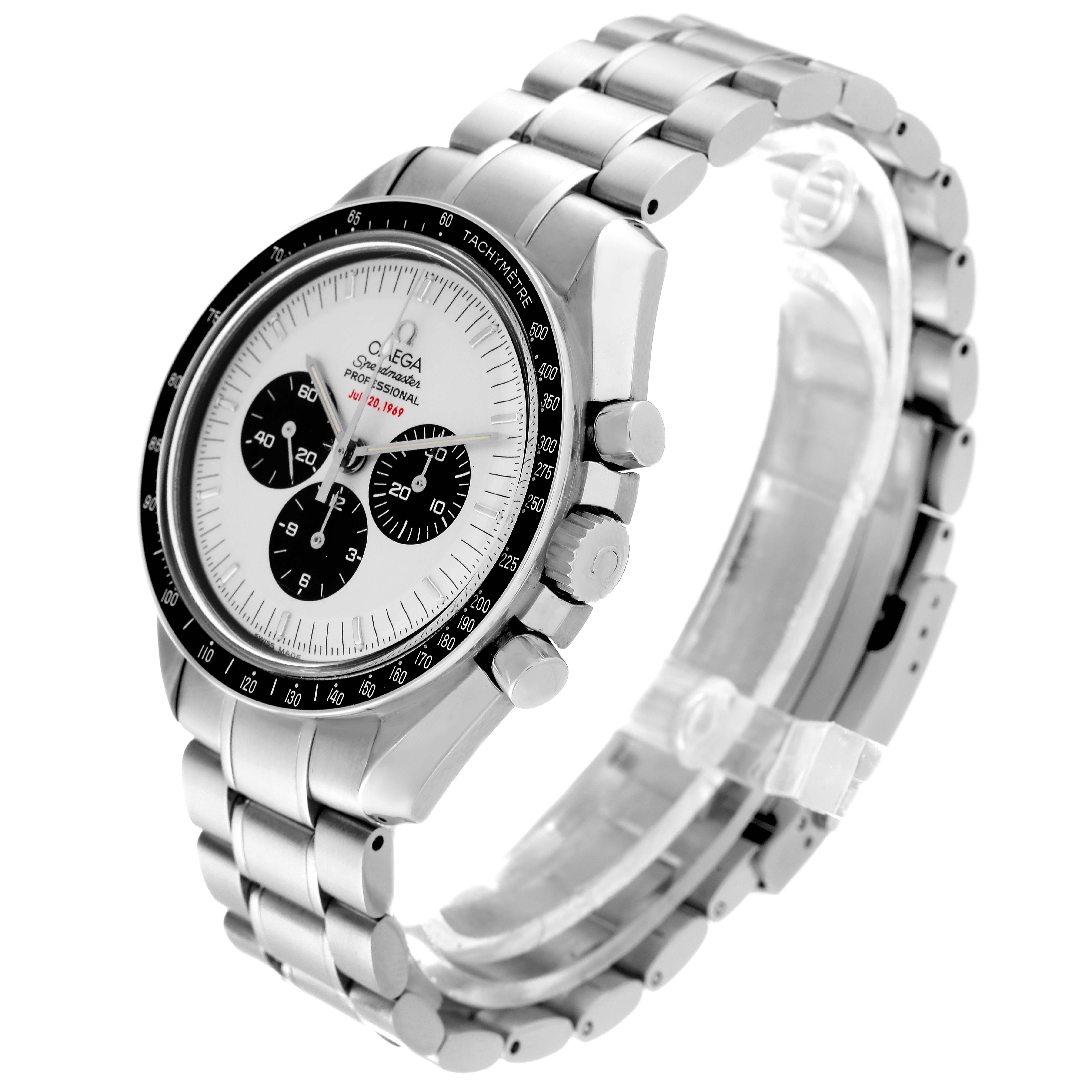 The Omega Speedmaster 3569.31.00 Men
s Stainless Steel Silver Dial 3569.31.00 Men
s Stainless Steel Silver Dial watch is shown at a three-quarter angle, highlighting the dial, bezel, crown, pushers, and bracelet.