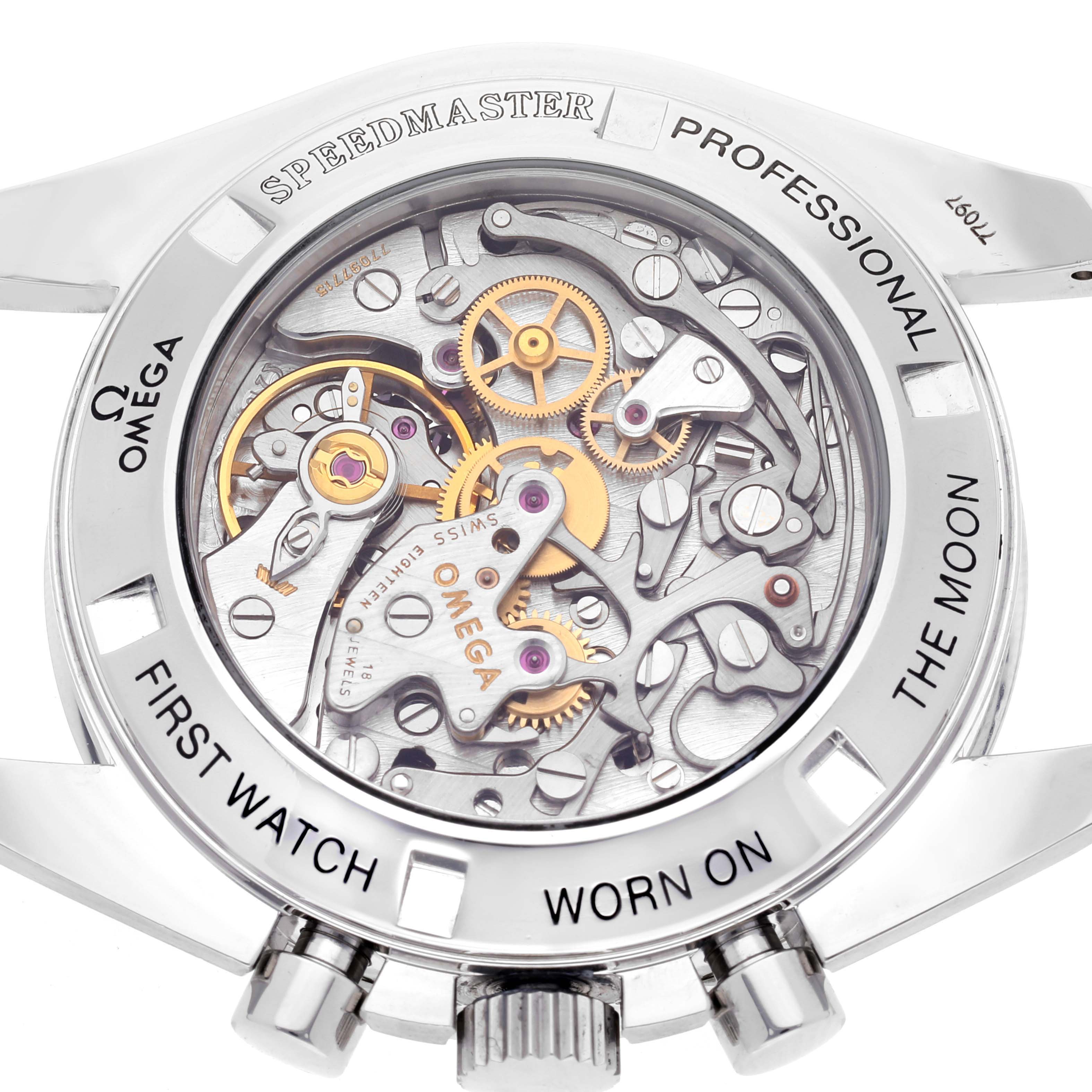 This image shows the back of an Omega Speedmaster 3572.50.00 Men
s Stainless Steel Black Dial 3572.50.00 Men
s Stainless Steel Black Dial watch, revealing its intricate mechanical movement.