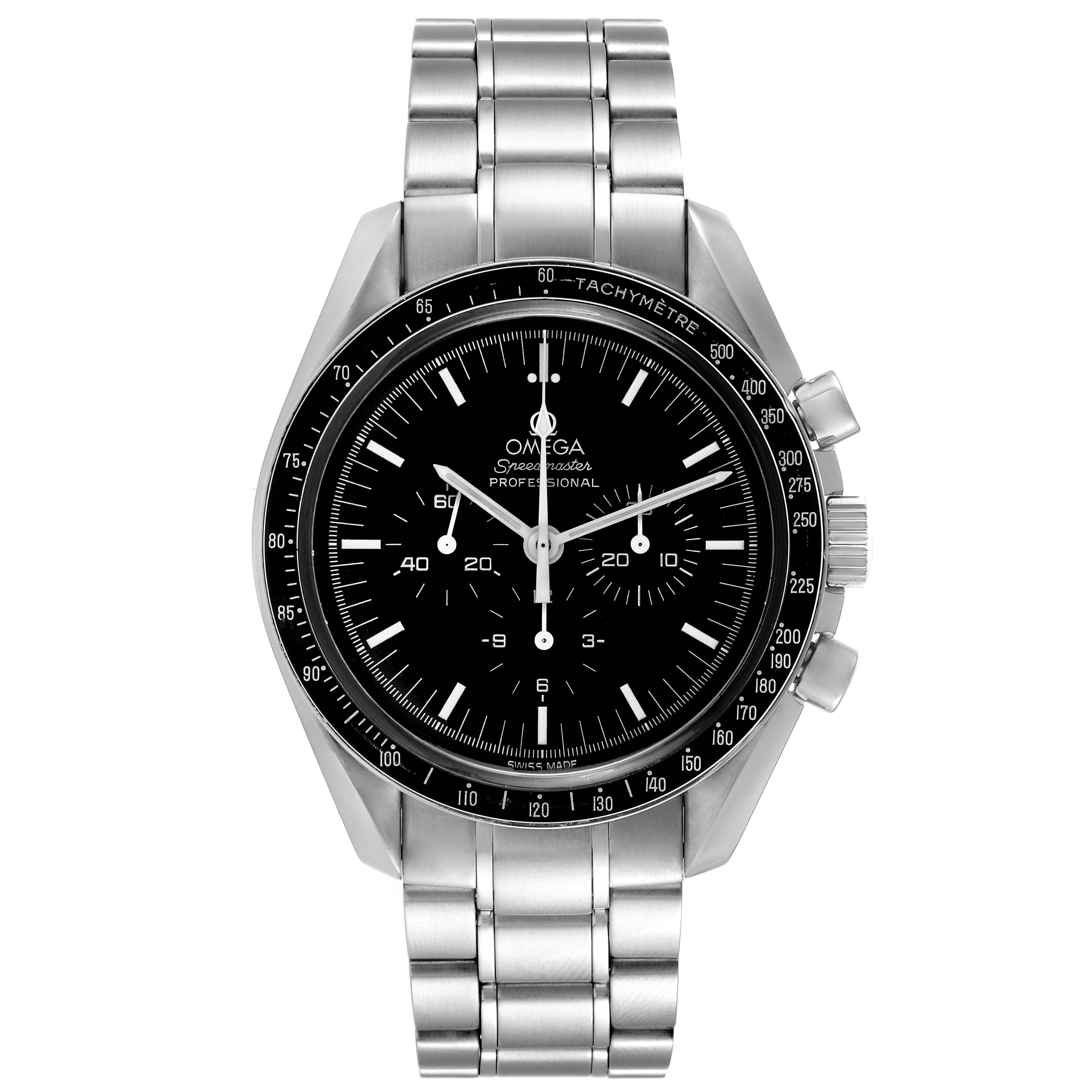 This image shows a front view of an Omega Speedmaster 3572.50.00 Men
s Stainless Steel Black Dial 3572.50.00 Men
s Stainless Steel Black Dial watch, displaying its face, bezel, crown, pushers, and metal bracelet.