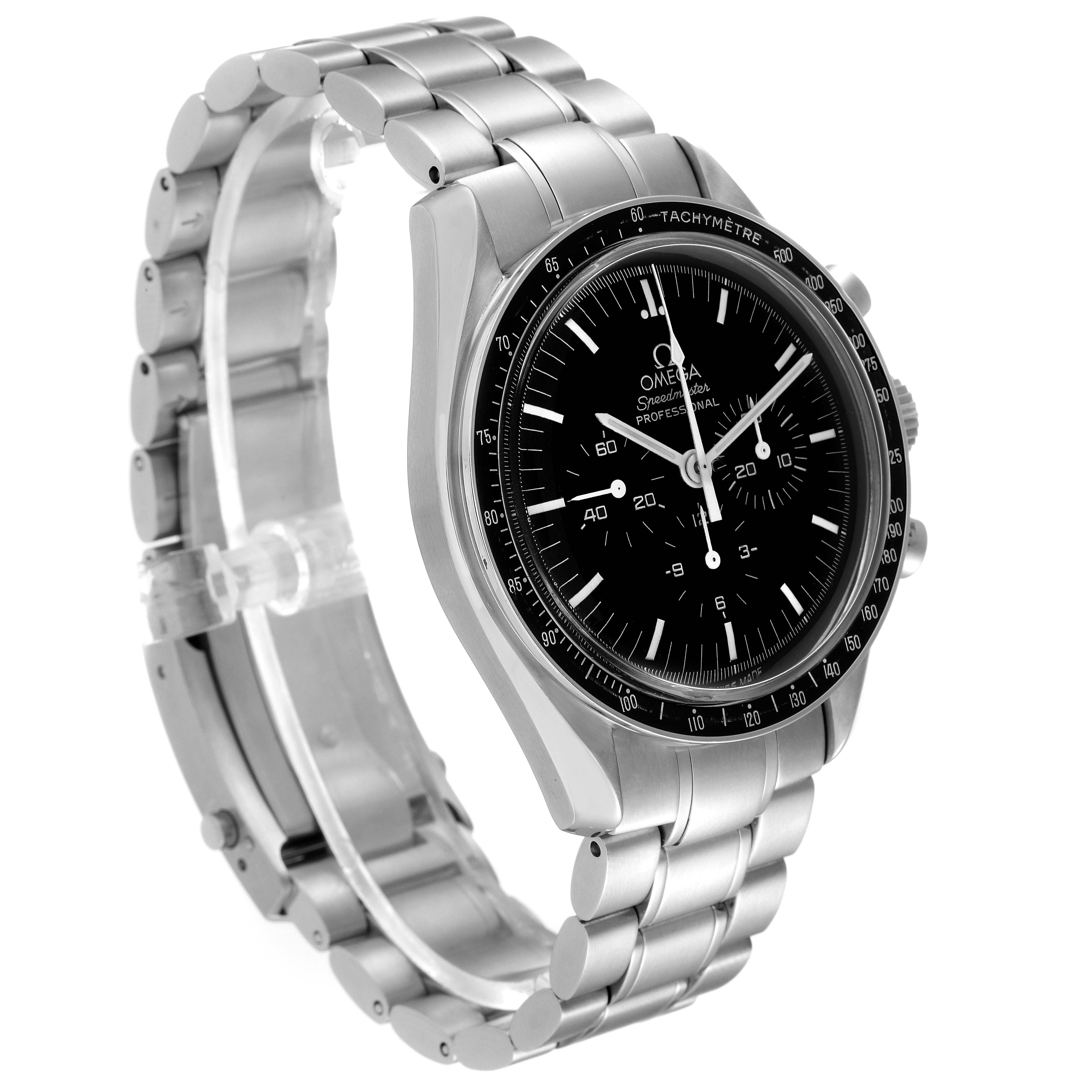The image shows an Omega Speedmaster 3572.50.00 Men
s Stainless Steel Black Dial 3572.50.00 Men
s Stainless Steel Black Dial watch angled slightly to the right, highlighting the face, side profile, and metal bracelet.
