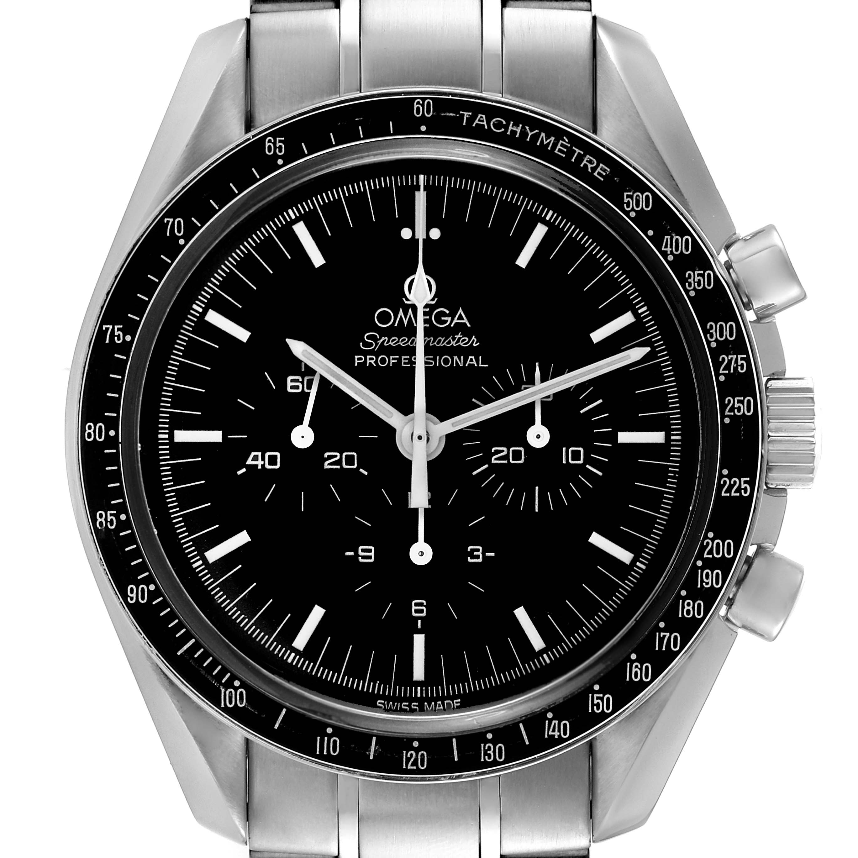 The image shows a front view of an Omega Speedmaster 3572.50.00 Men
s Stainless Steel Black Dial 3572.50.00 Men
s Stainless Steel Black Dial watch, displaying its black dial, tachymeter bezel, and chronograph subdials.