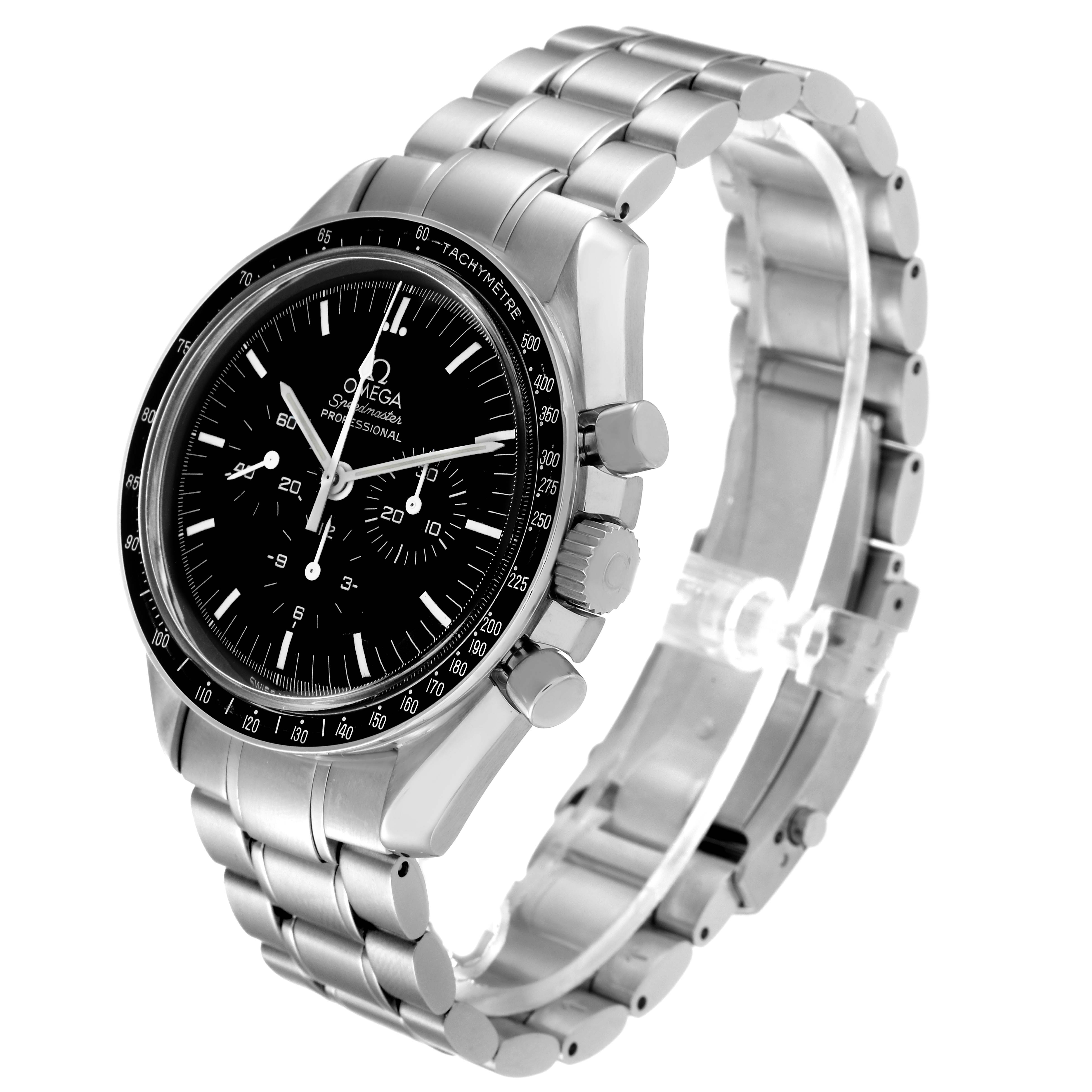 This image shows the Omega Speedmaster 3572.50.00 Men
s Stainless Steel Black Dial 3572.50.00 Men
s Stainless Steel Black Dial watch at a 3/4 angle, highlighting the dial, bezel, pushers, crown, and metal bracelet.