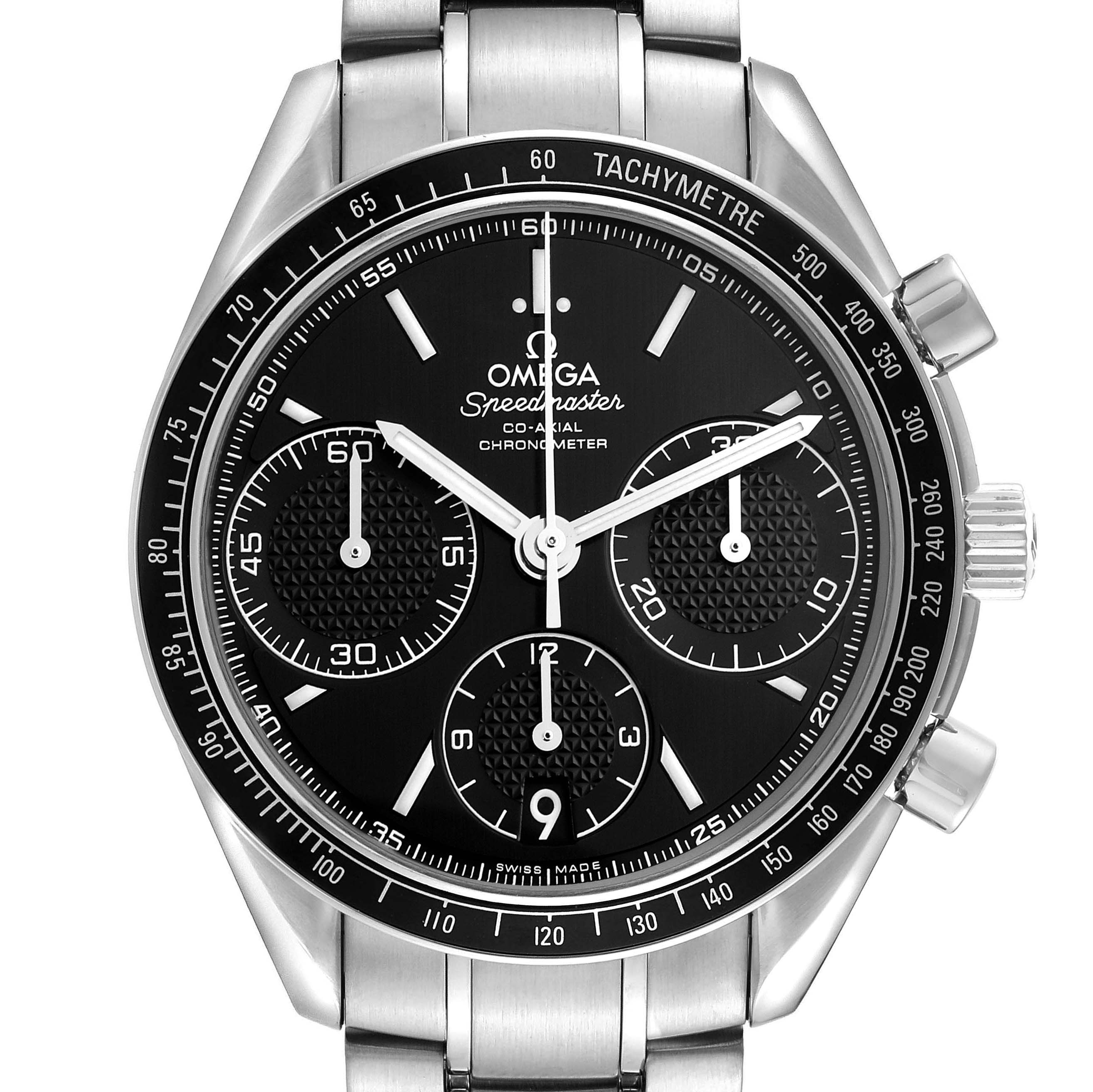 The image shows a front view of an Omega Speedmaster model 326.30.40.50.01.001 men's watch, highlighting the dial, tachymetre bezel, and stainless steel bracelet.