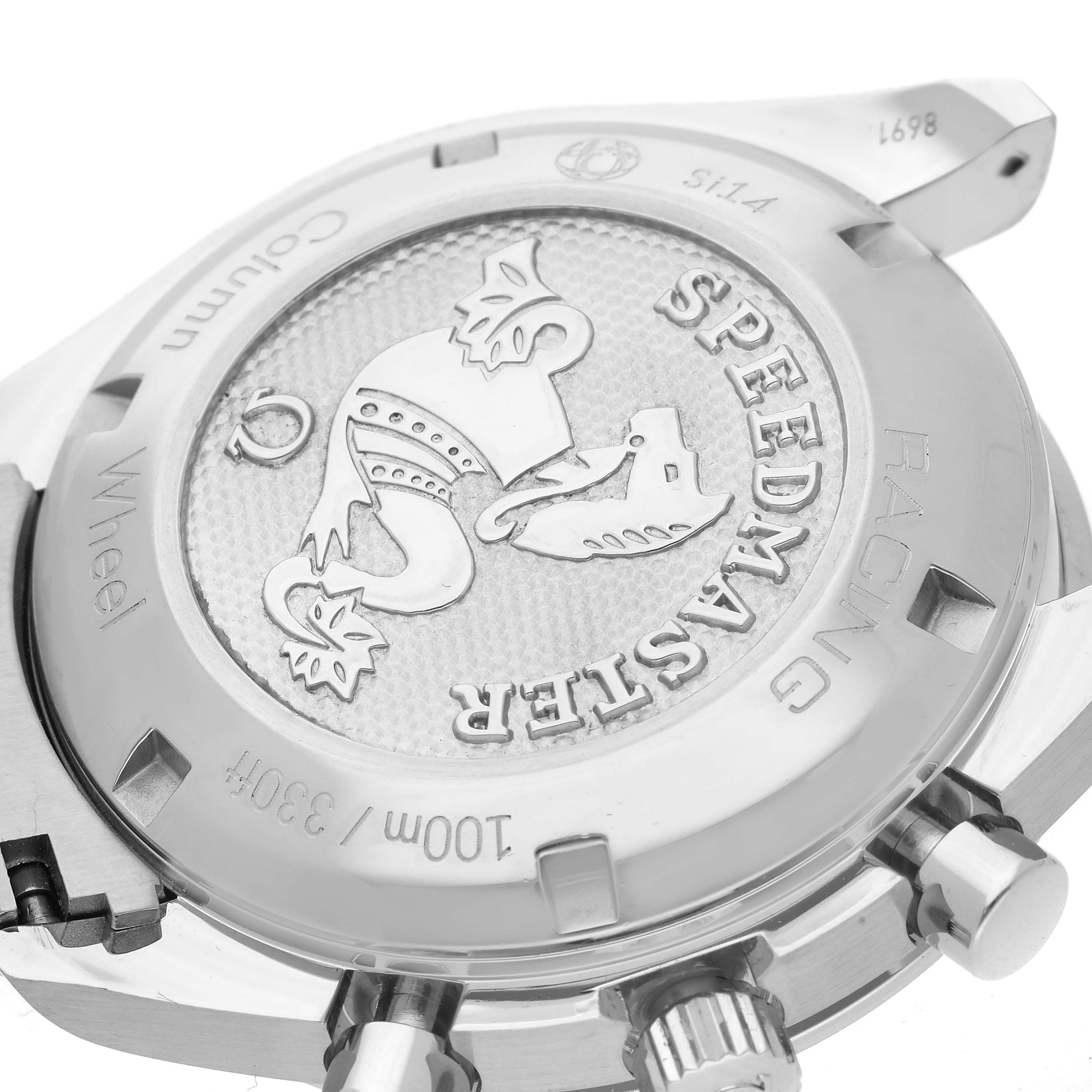 The image shows the back of the Omega Speedmaster model 326.30.40.50.01.001, highlighting the case back with engraved details and part of the watch's pushers.