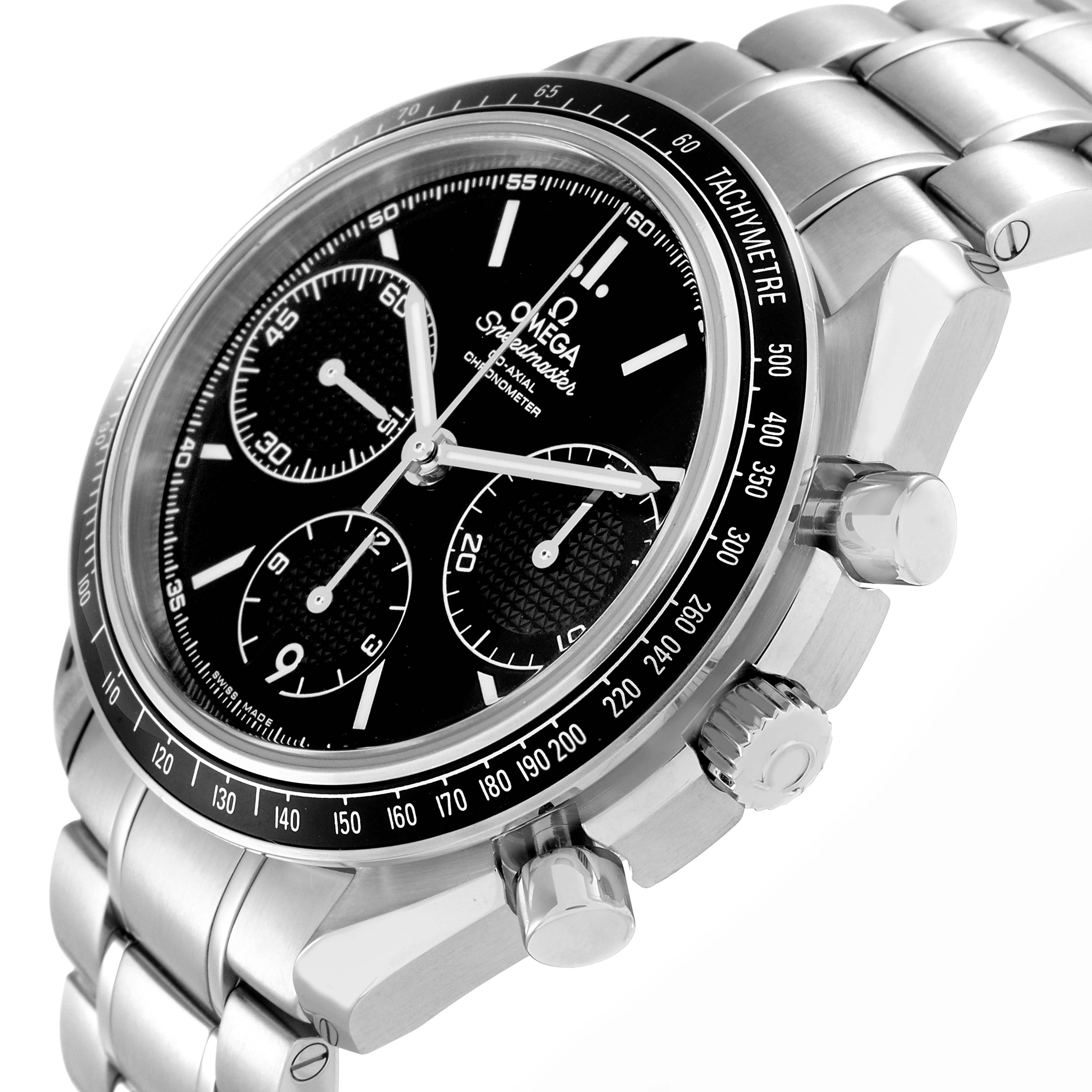 The image shows an angled view of the Omega Speedmaster model 326.30.40.50.01.001, highlighting the dial, bezel, crown, and chronograph pushers.