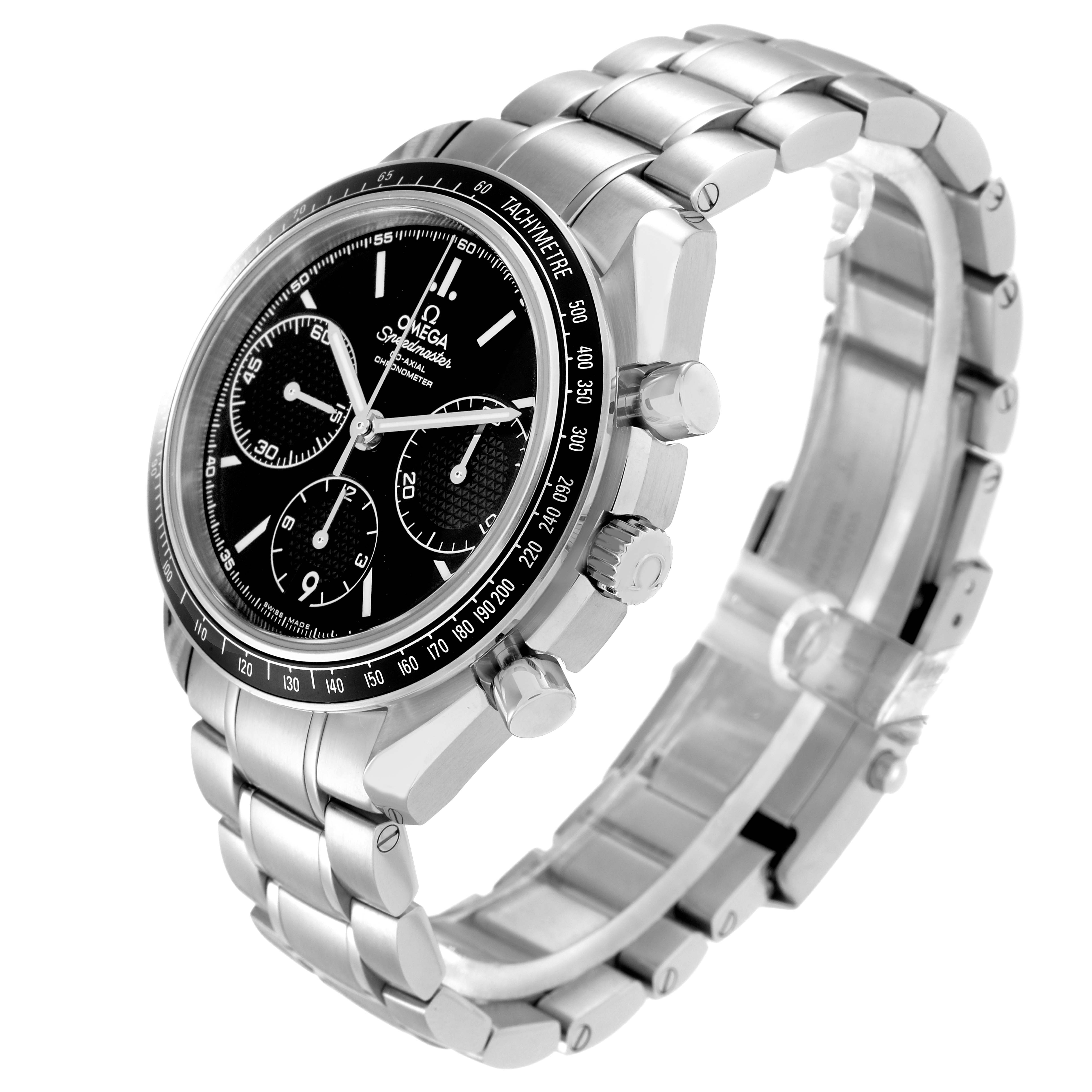 The image shows an Omega Speedmaster model 326.30.40.50.01.001 from a side angle, highlighting the dial, tachymeter bezel, crown, pushers, and bracelet.