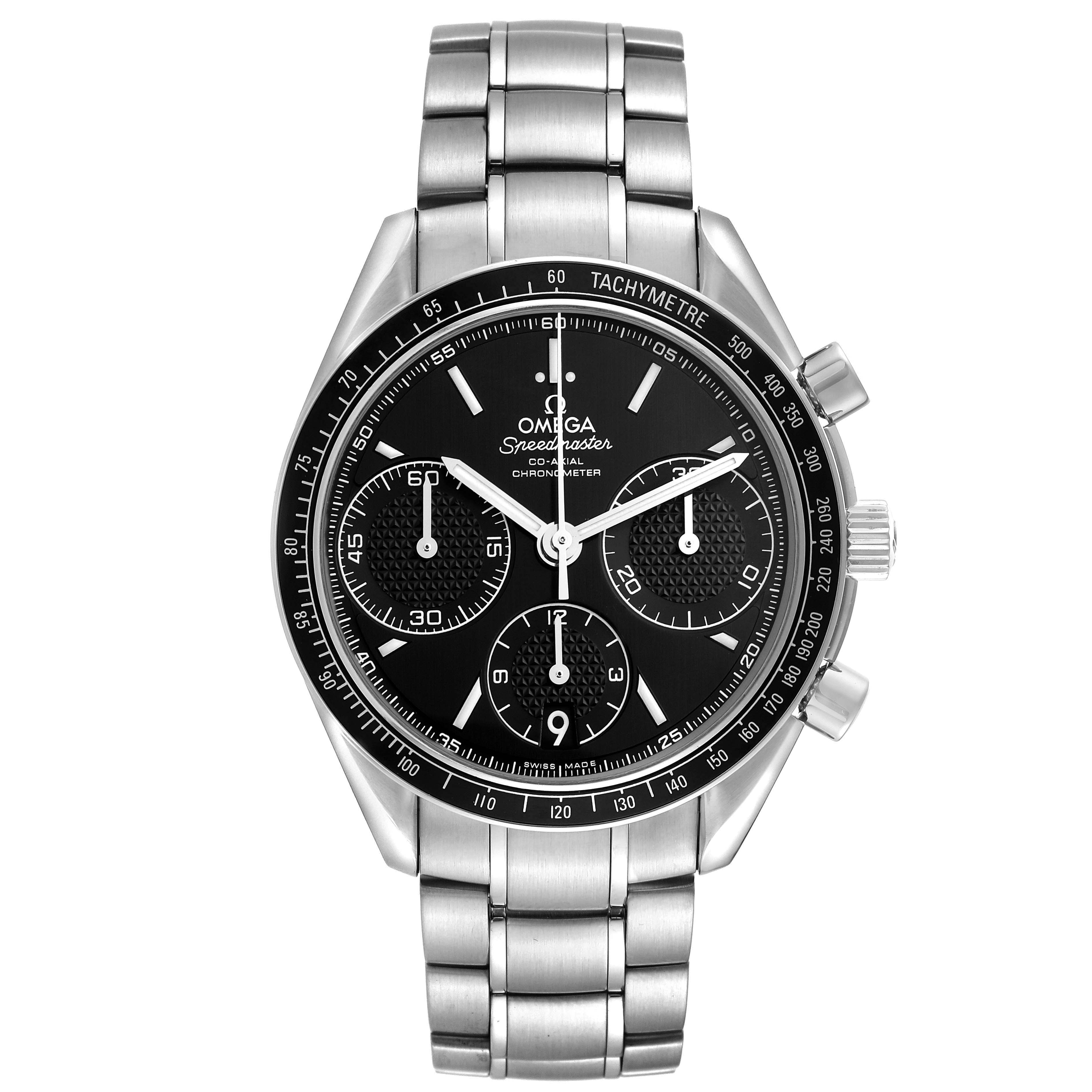 The Omega Speedmaster (model 326.30.40.50.01.001) is shown from a front-facing angle, highlighting its black dial, subdials, silver indices, and tachymetric bezel.