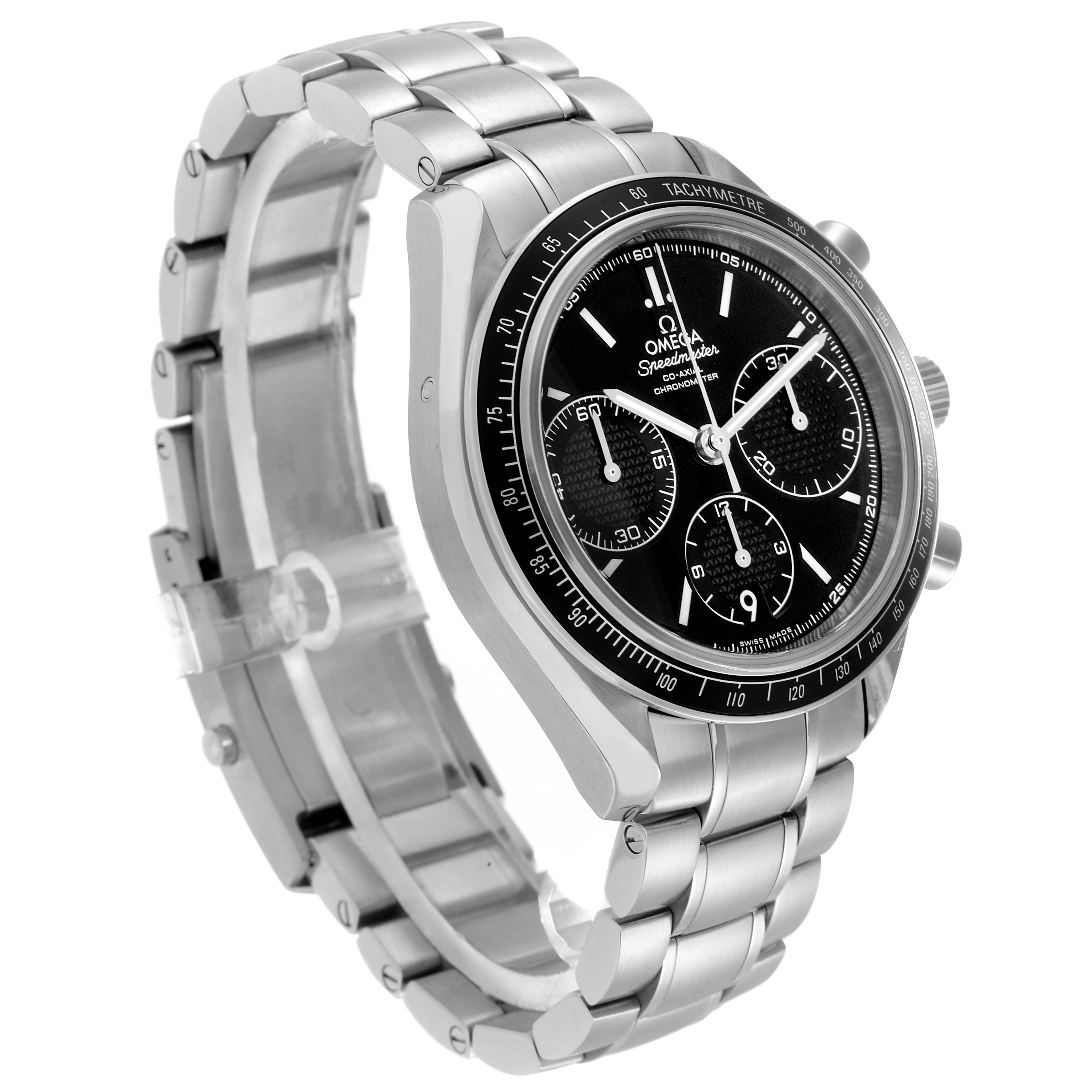 The Omega Speedmaster model 326.30.40.50.01.001 is shown at a three-quarter angle, highlighting the bracelet, case, and tachymeter bezel.