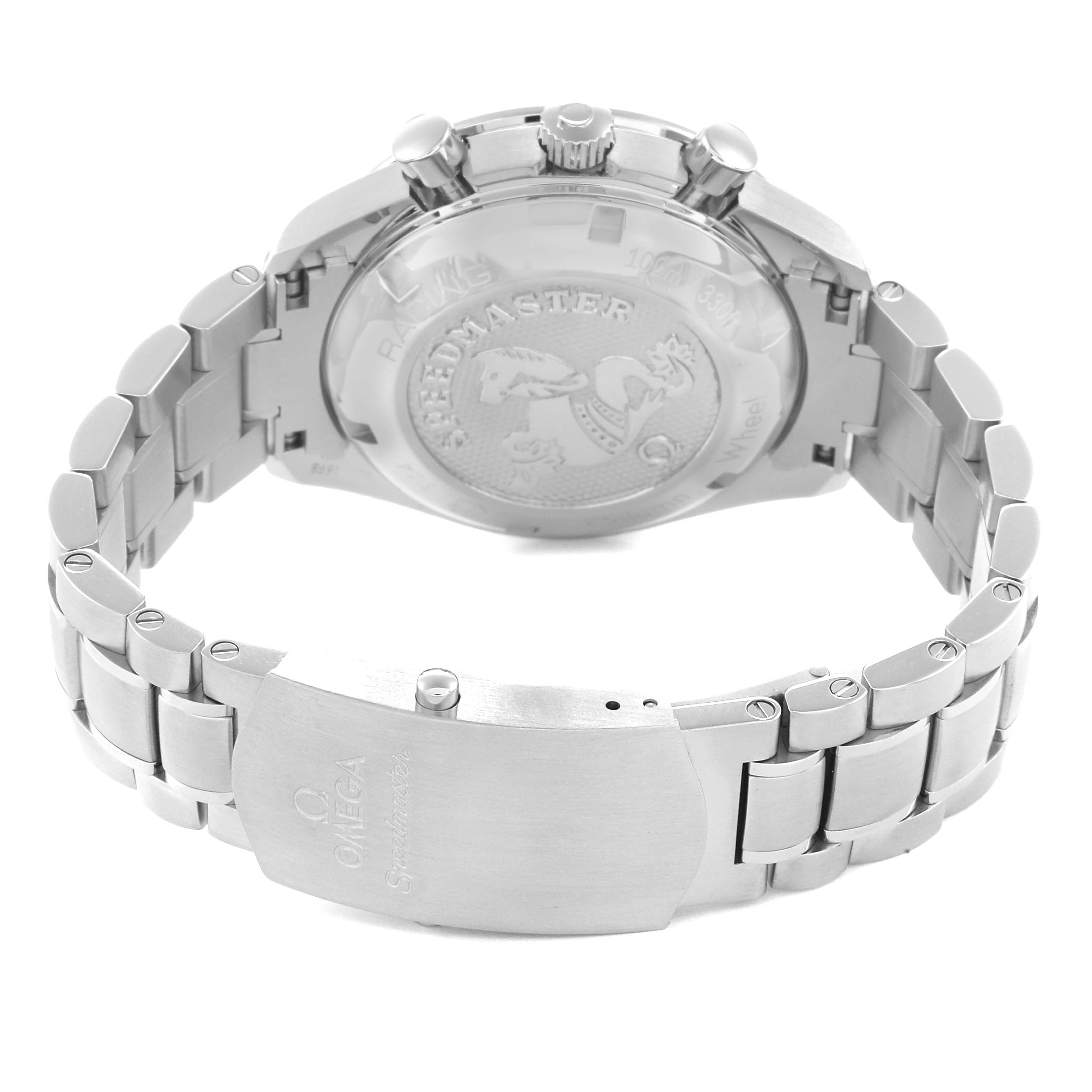 The image shows the back and clasp of the Omega Speedmaster model 326.30.40.50.01.001, highlighting its engraved case back and stainless steel bracelet.