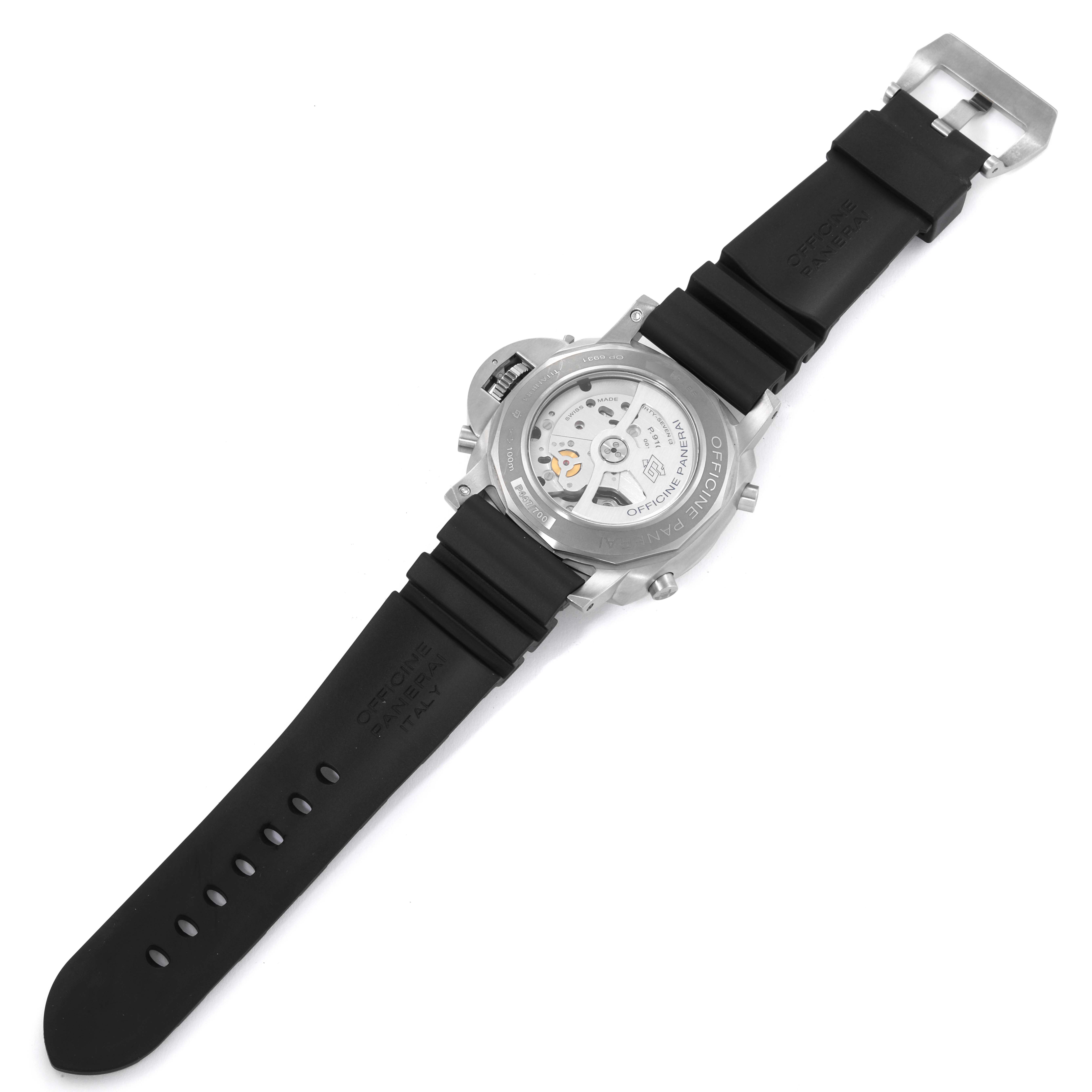 This image shows the back view of a Panerai Luminor PAM00526 Men's Titanium Black Dial PAM00526 Men's Titanium Black Dial watch, highlighting its open case back and black rubber strap.