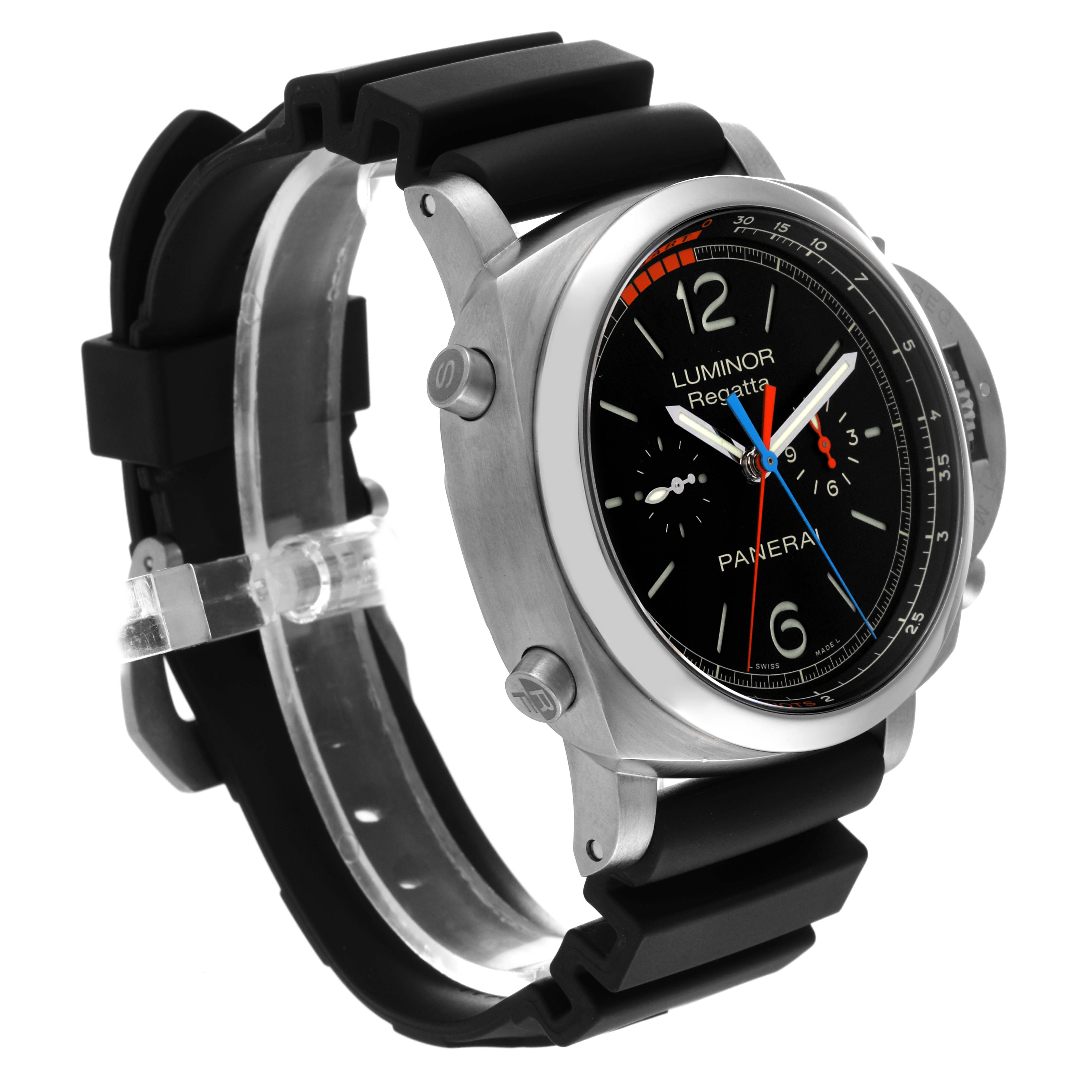 The watch is a Panerai Luminor PAM00526 Men's Titanium Black Dial PAM00526 Men's Titanium Black Dial model, shown from a front-side angle with a black strap and visible dial details.