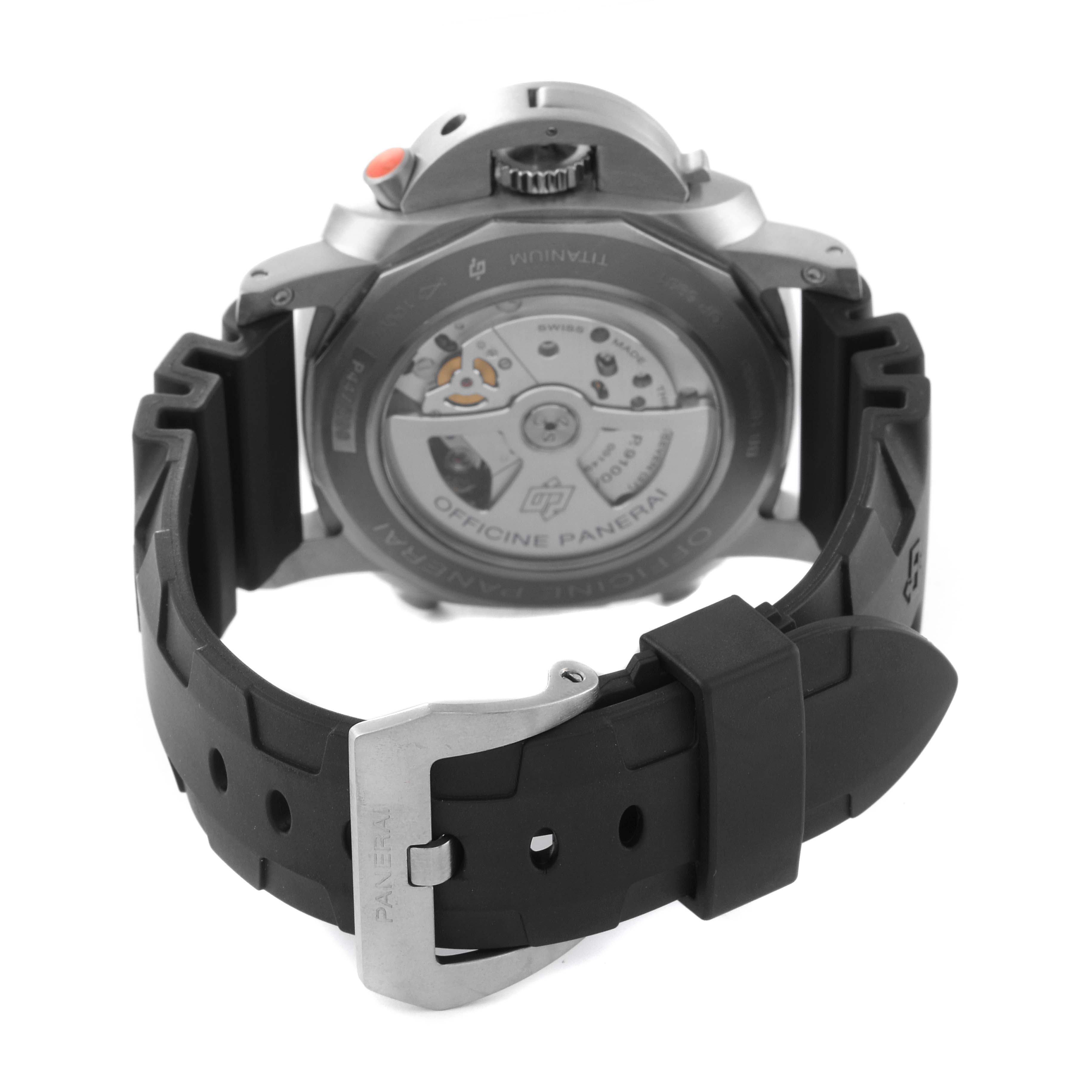 The image shows the back view of a Panerai Luminor PAM00526 Men's Titanium Black Dial PAM00526 Men's Titanium Black Dial watch, highlighting the buckle, strap, and the visible movement inside the case.