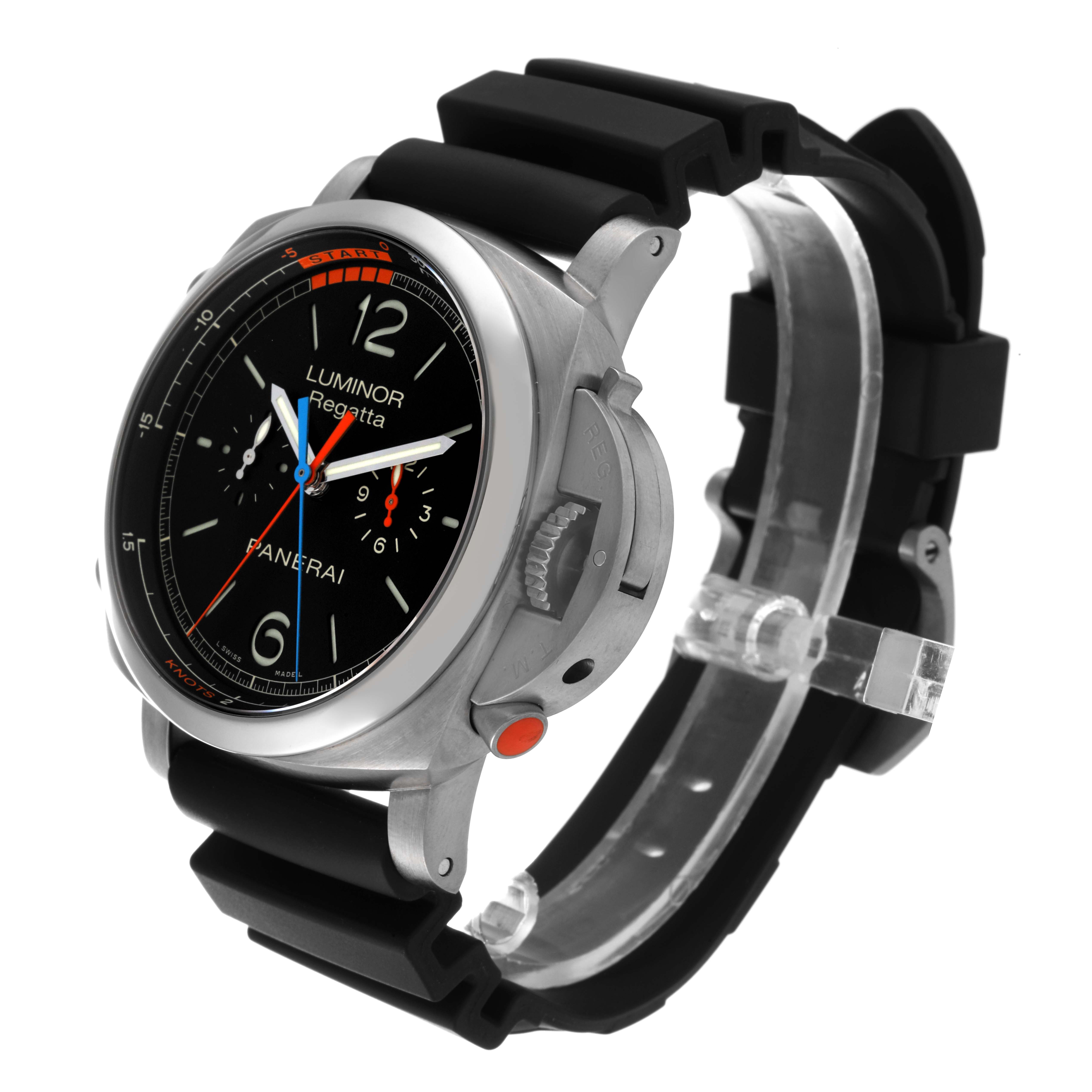 The image shows a Panerai Luminor PAM00526 Men's Titanium Black Dial PAM00526 Men's Titanium Black Dial watch from a three-quarter angle, highlighting its dial, bezel, crown guard, and strap.