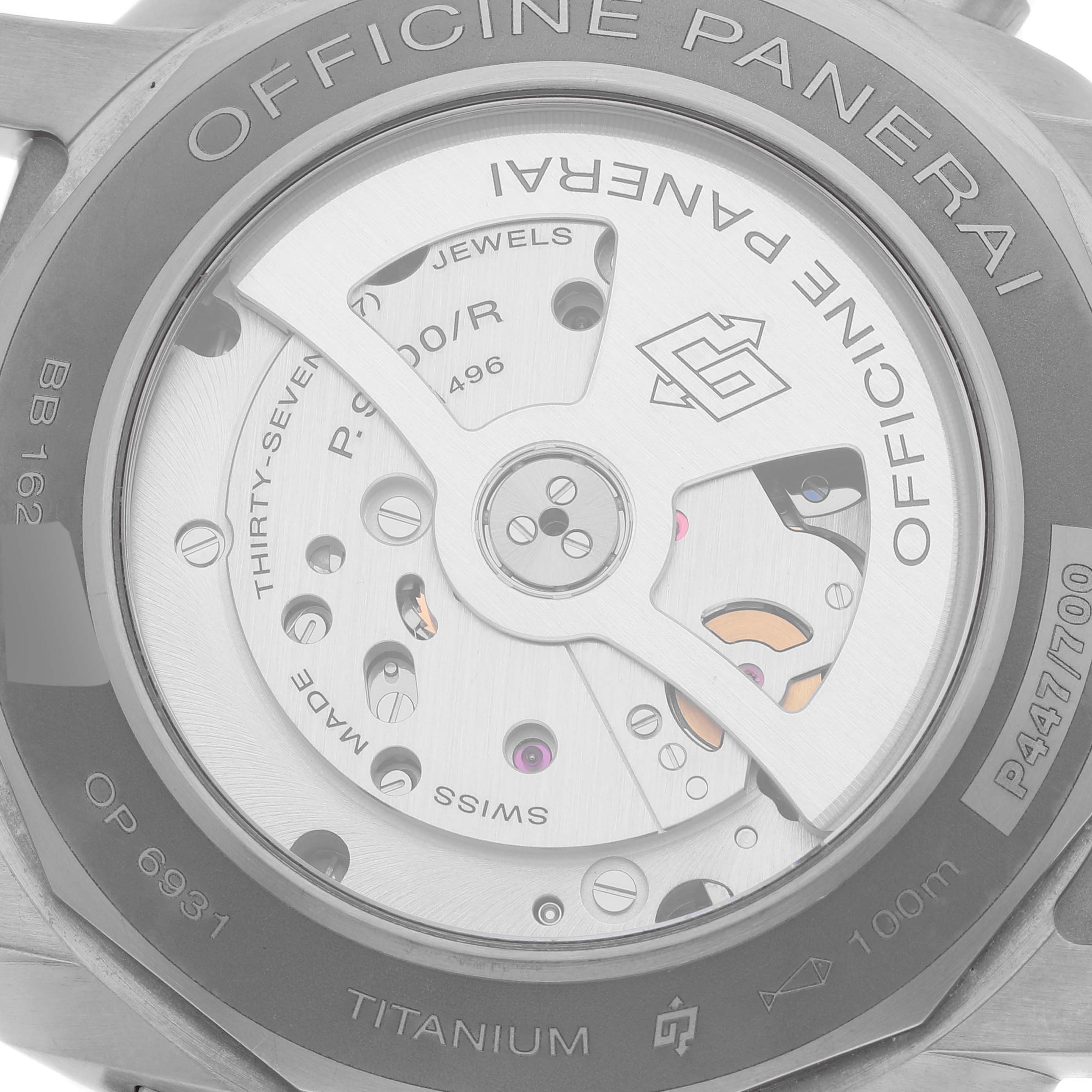 This image shows the back view of the Panerai Luminor PAM00526 Men's Titanium Black Dial PAM00526 Men's Titanium Black Dial watch, highlighting the movement and internal mechanics.