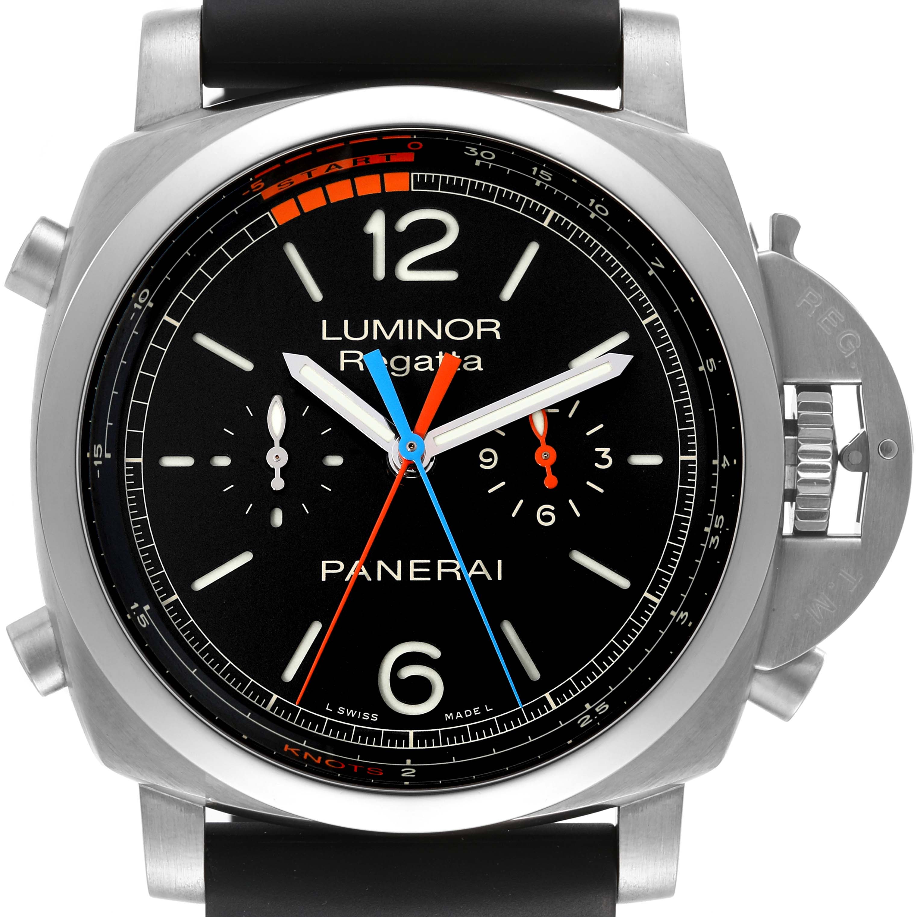 The image shows a front view of the Panerai Luminor PAM00526 Men's Titanium Black Dial PAM00526 Men's Titanium Black Dial Regatta watch, highlighting the dial, bezel, and crown guard.