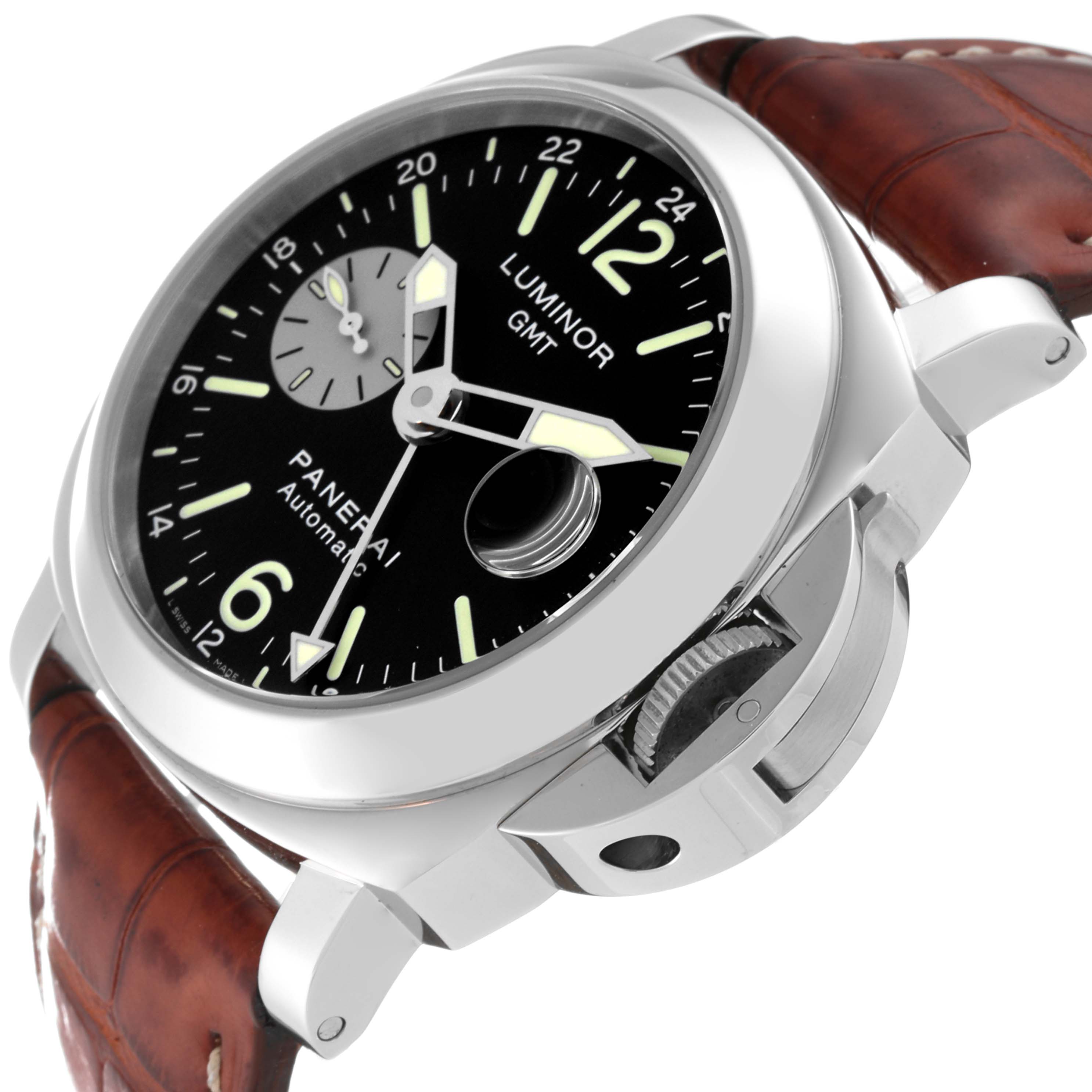 The Luminor model by Panerai is shown at an angle highlighting the dial, bezel, crown guard, and part of the leather strap.