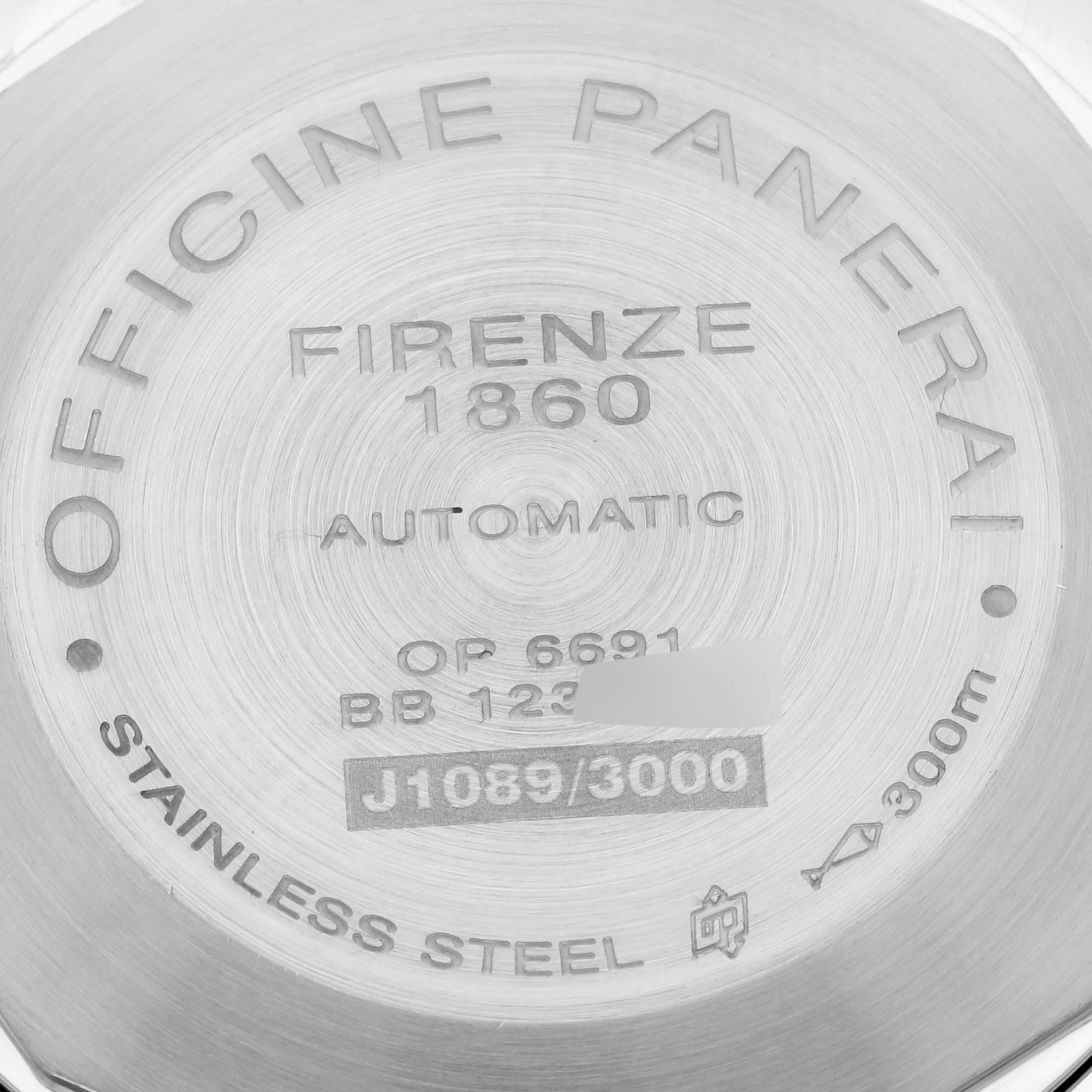 The image shows the back case of a Panerai Luminor PAM00088 Men
s Stainless Steel Black Dial PAM00088 Men
s Stainless Steel Black Dial watch engraved with model details and specifications.