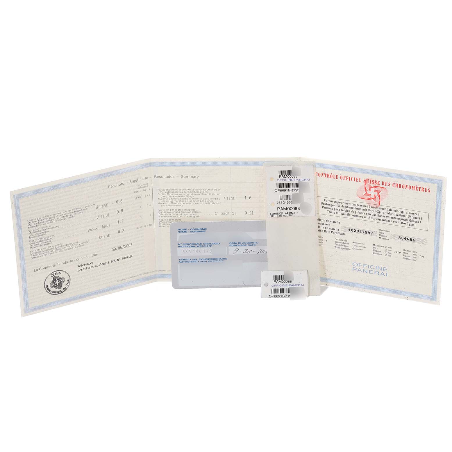 This image shows the documents and warranty card for a Panerai Luminor PAM00088 Men
s Stainless Steel Black Dial PAM00088 Men
s Stainless Steel Black Dial watch.