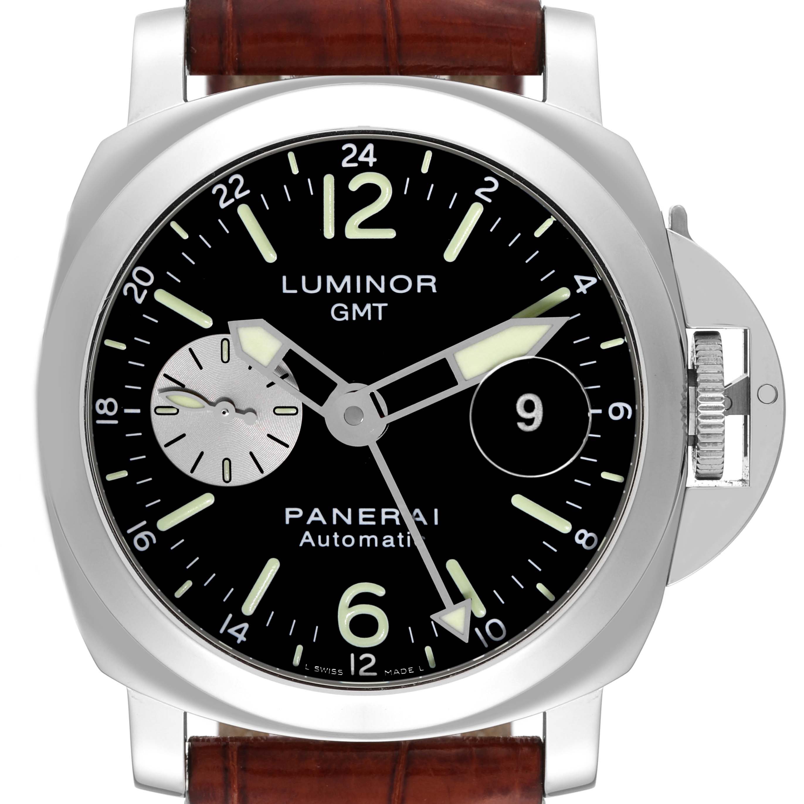 This image shows a front view of a Panerai Luminor PAM00088 Men
s Stainless Steel Black Dial PAM00088 Men
s Stainless Steel Black Dial GMT watch, highlighting its face, hands, and crown protector.