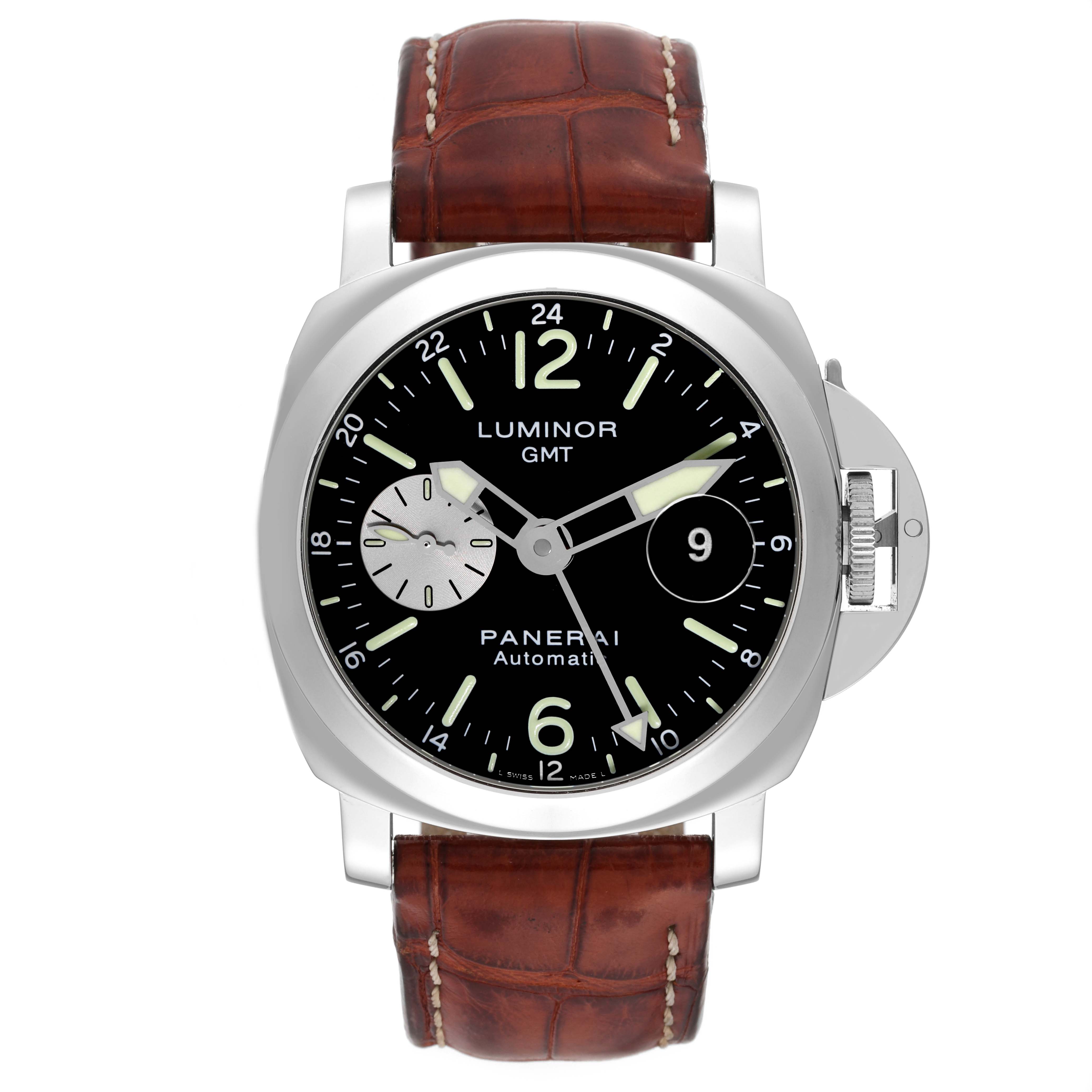 The image shows a Panerai Luminor PAM00088 Men
s Stainless Steel Black Dial PAM00088 Men
s Stainless Steel Black Dial GMT watch from the front, featuring a black dial, brown leather strap, and visible crown guard.