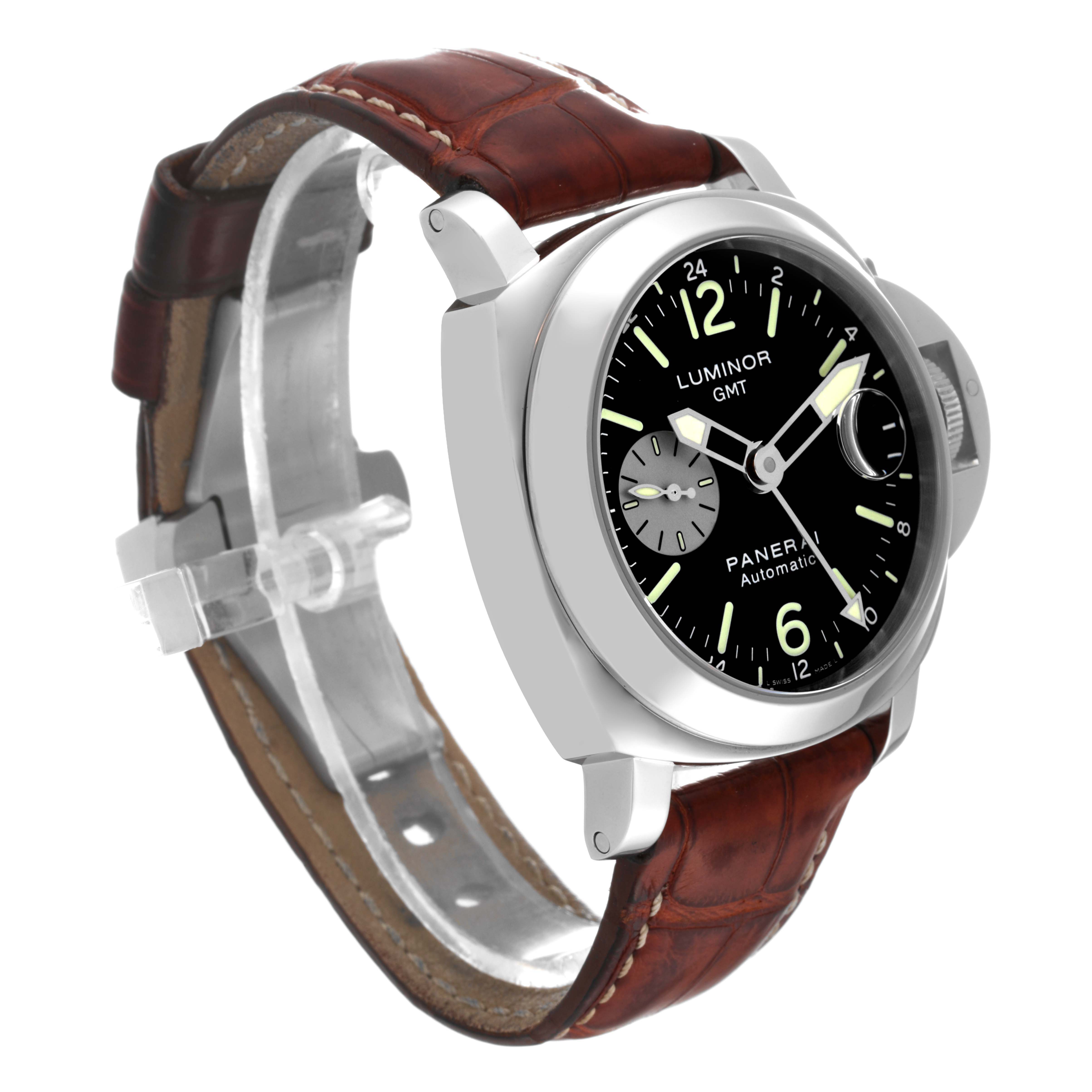 The image shows a Panerai Luminor PAM00088 Men
s Stainless Steel Black Dial PAM00088 Men
s Stainless Steel Black Dial watch at a three-quarter angle, highlighting its brown leather strap and black dial.