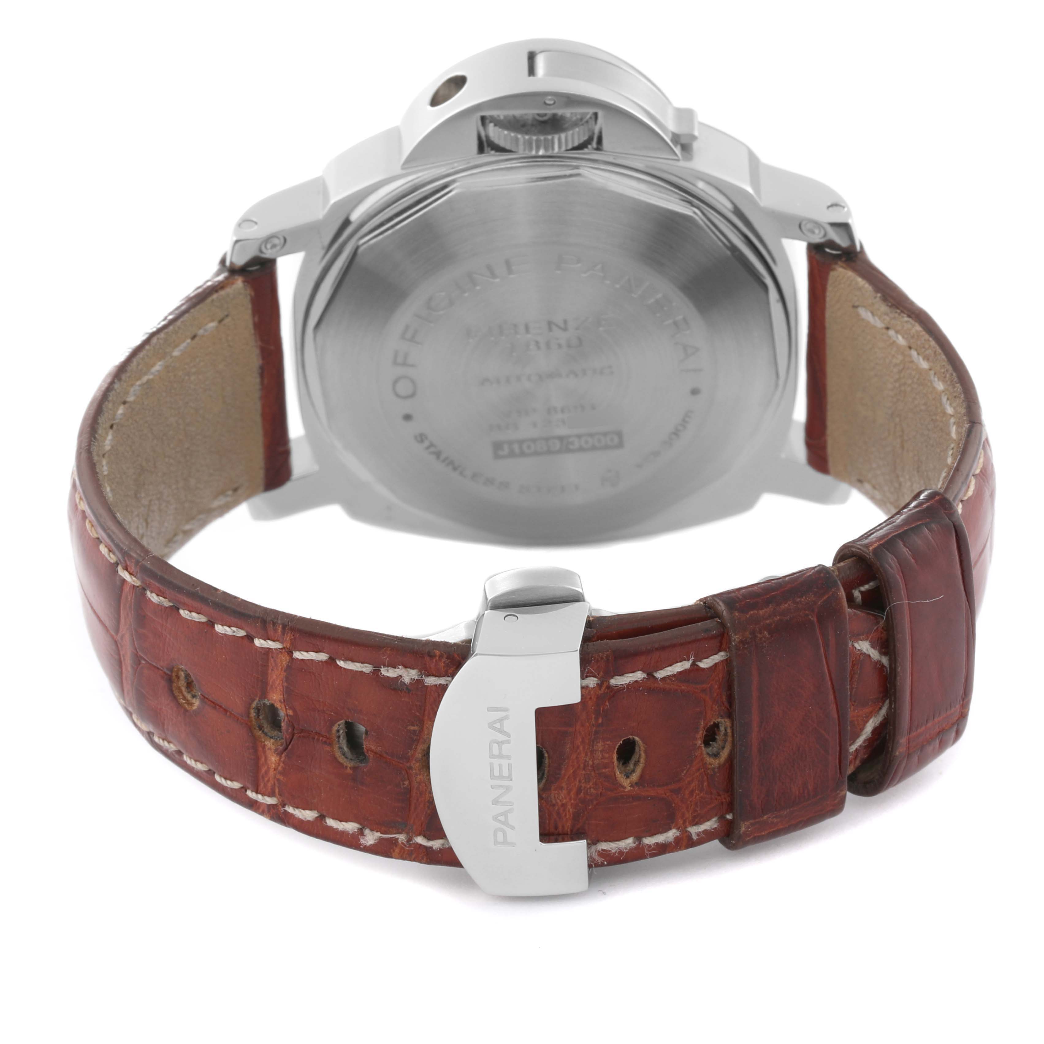 The image shows the back case, crown guard, and leather strap of a Panerai Luminor PAM00088 Men
s Stainless Steel Black Dial PAM00088 Men
s Stainless Steel Black Dial watch.