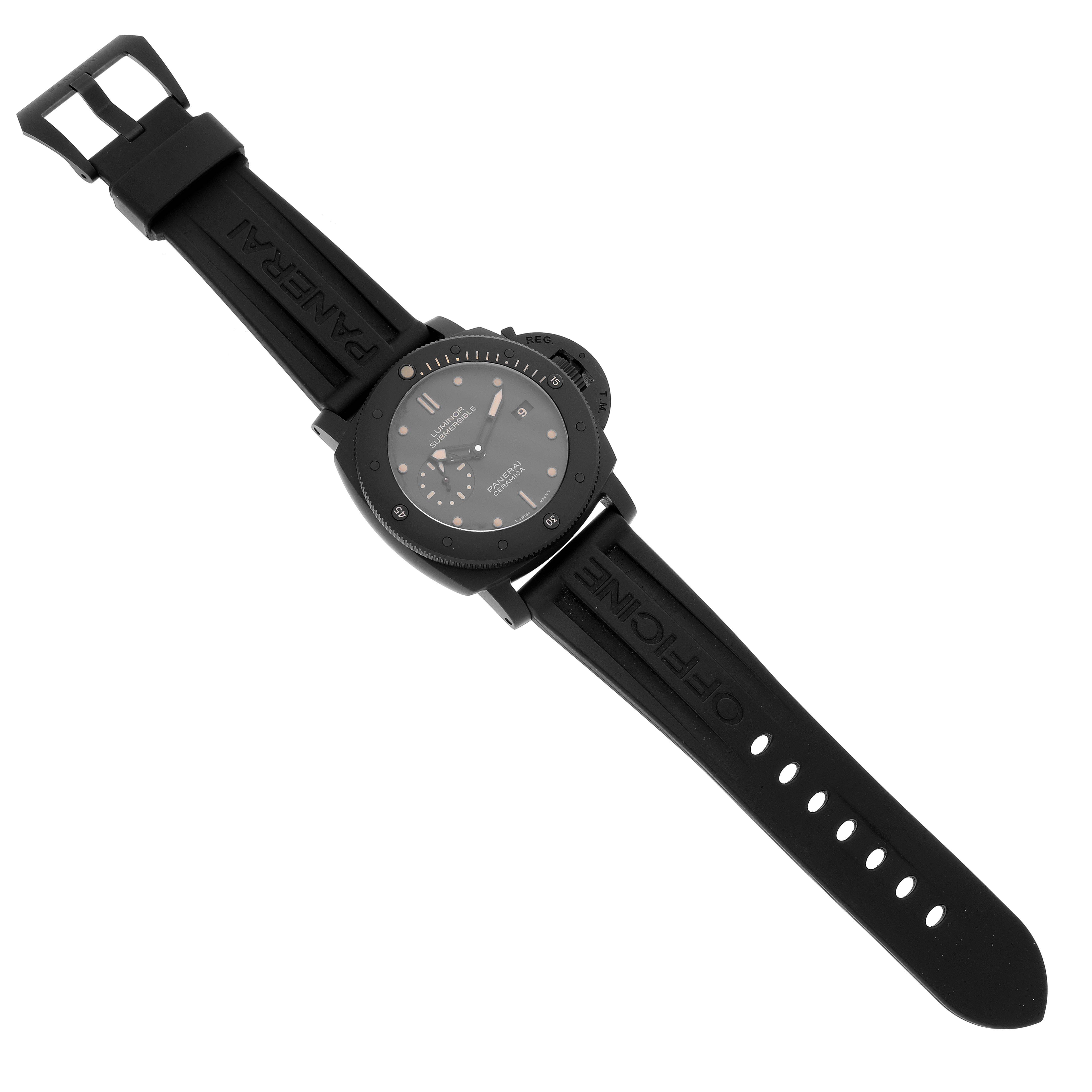 This image shows a top view of a Panerai Submersible PAM00508 Men's Ceramic Black Dial PAM00508 Men's Ceramic Black Dial watch, highlighting the face, bezel, and black rubber strap.