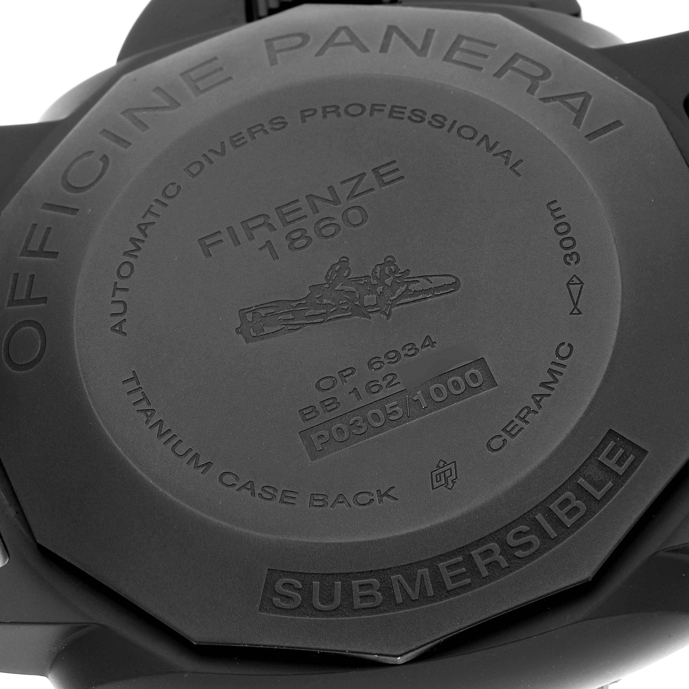 This image shows the back case of the Panerai Submersible PAM00508 Men's Ceramic Black Dial PAM00508 Men's Ceramic Black Dial watch, highlighting its titanium case back and inscriptions.