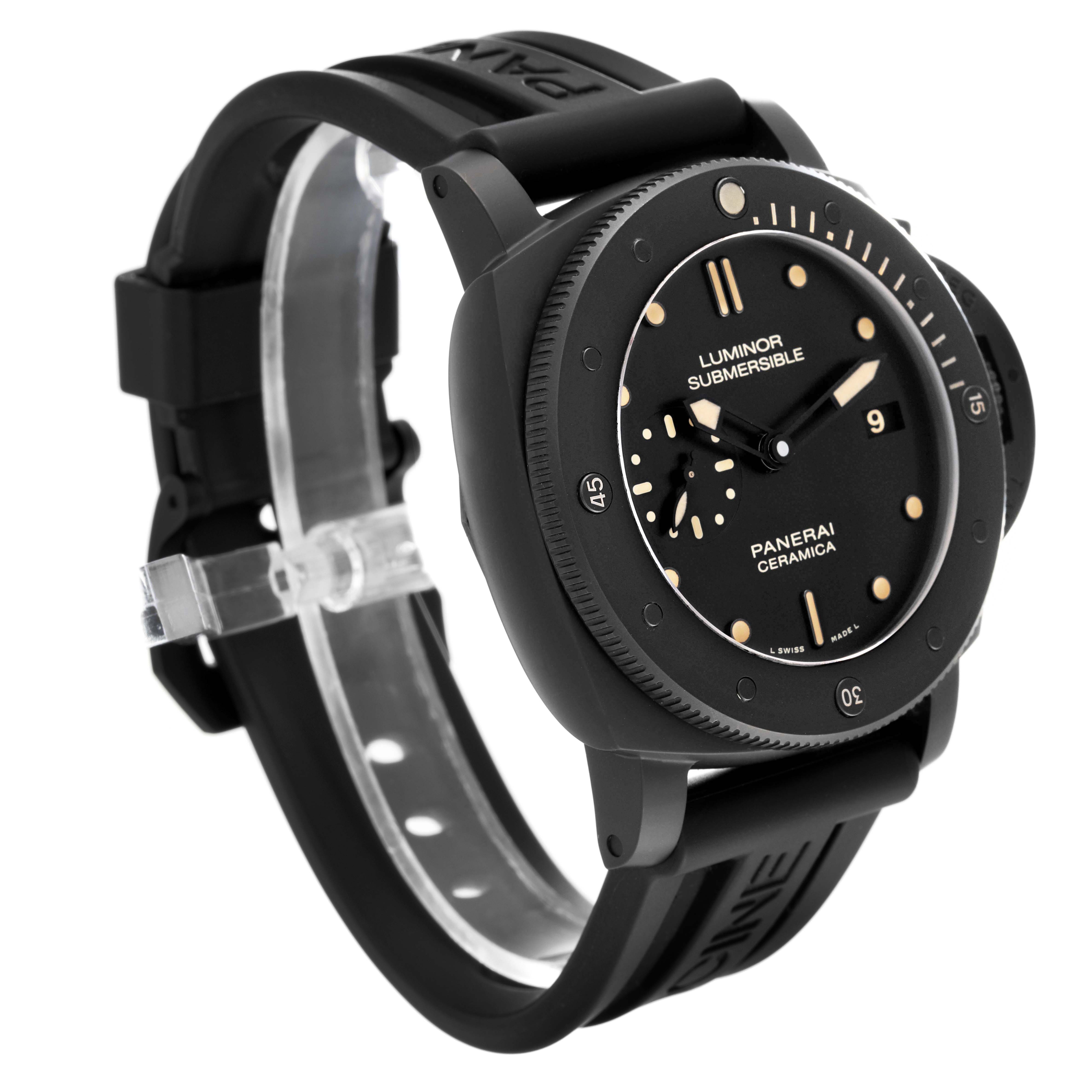 The image shows a Panerai Luminor Submersible watch at a three-quarter angle, highlighting the dial, bezel, and rubber strap.