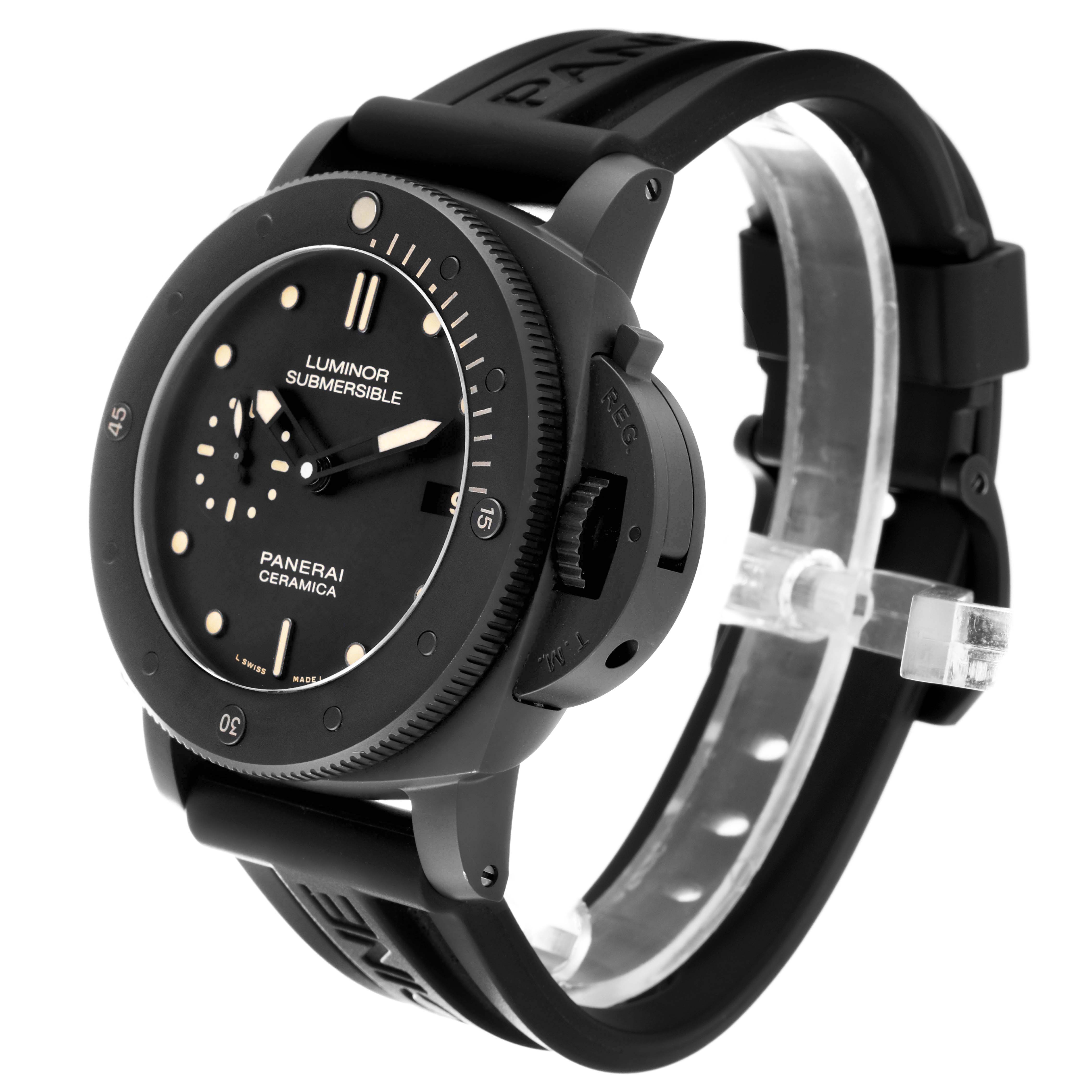 This image shows a Panerai Luminor Submersible watch from a three-quarter angle, highlighting the face, bezel, and strap.